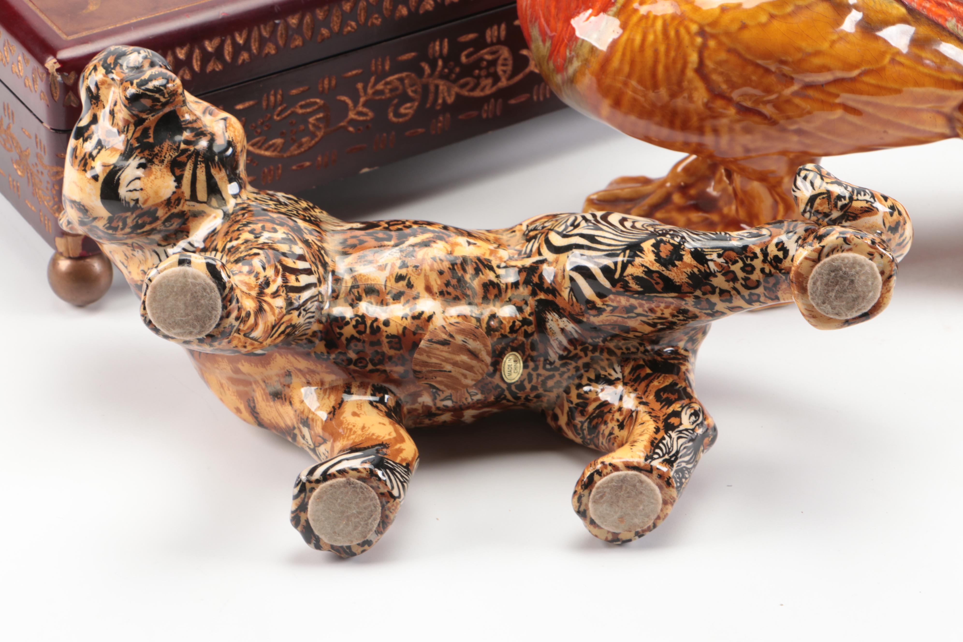 Etched Wooden Decorative Box, World Market Candle Holders, and Ceramic Animals