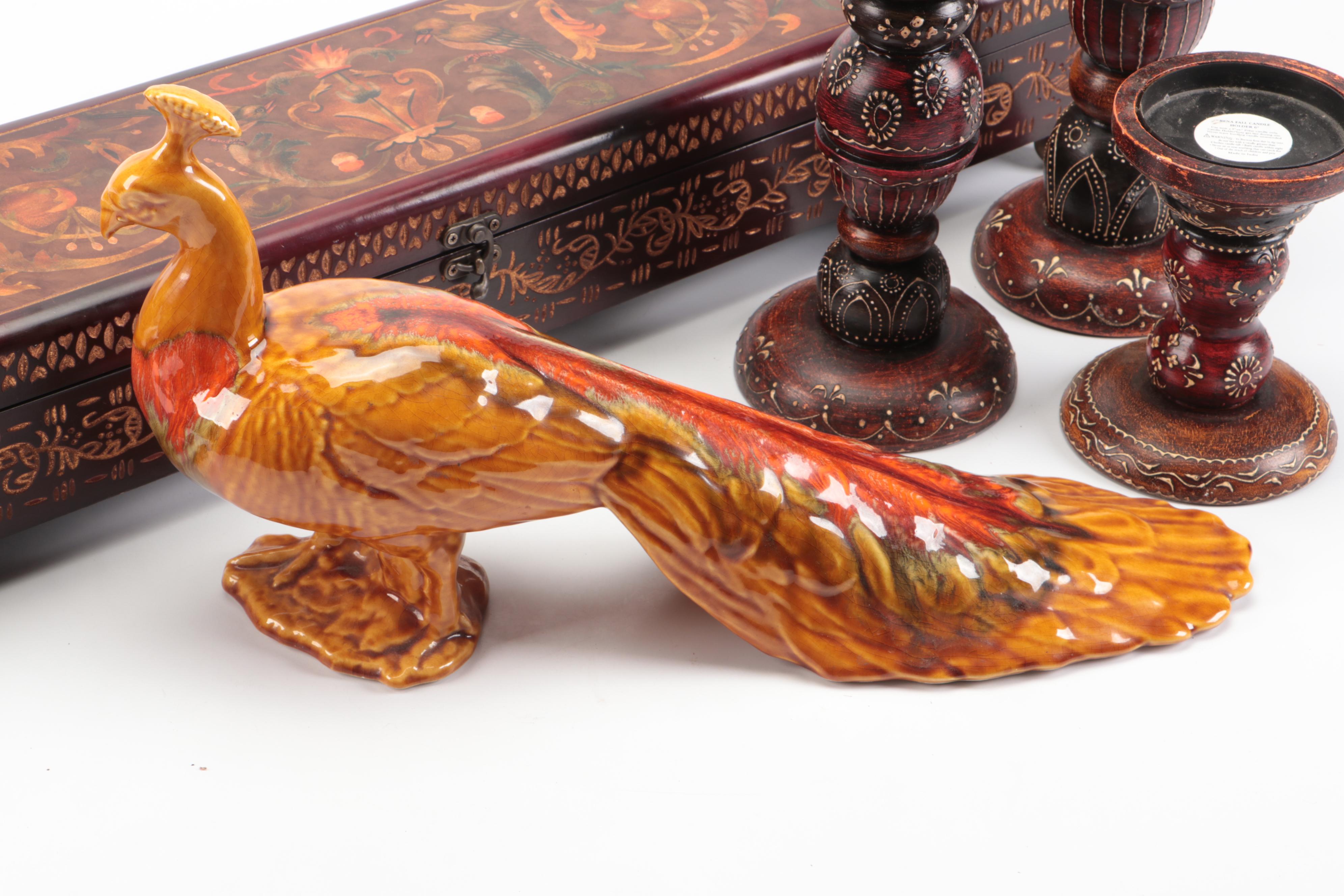 Etched Wooden Decorative Box, World Market Candle Holders, and Ceramic Animals