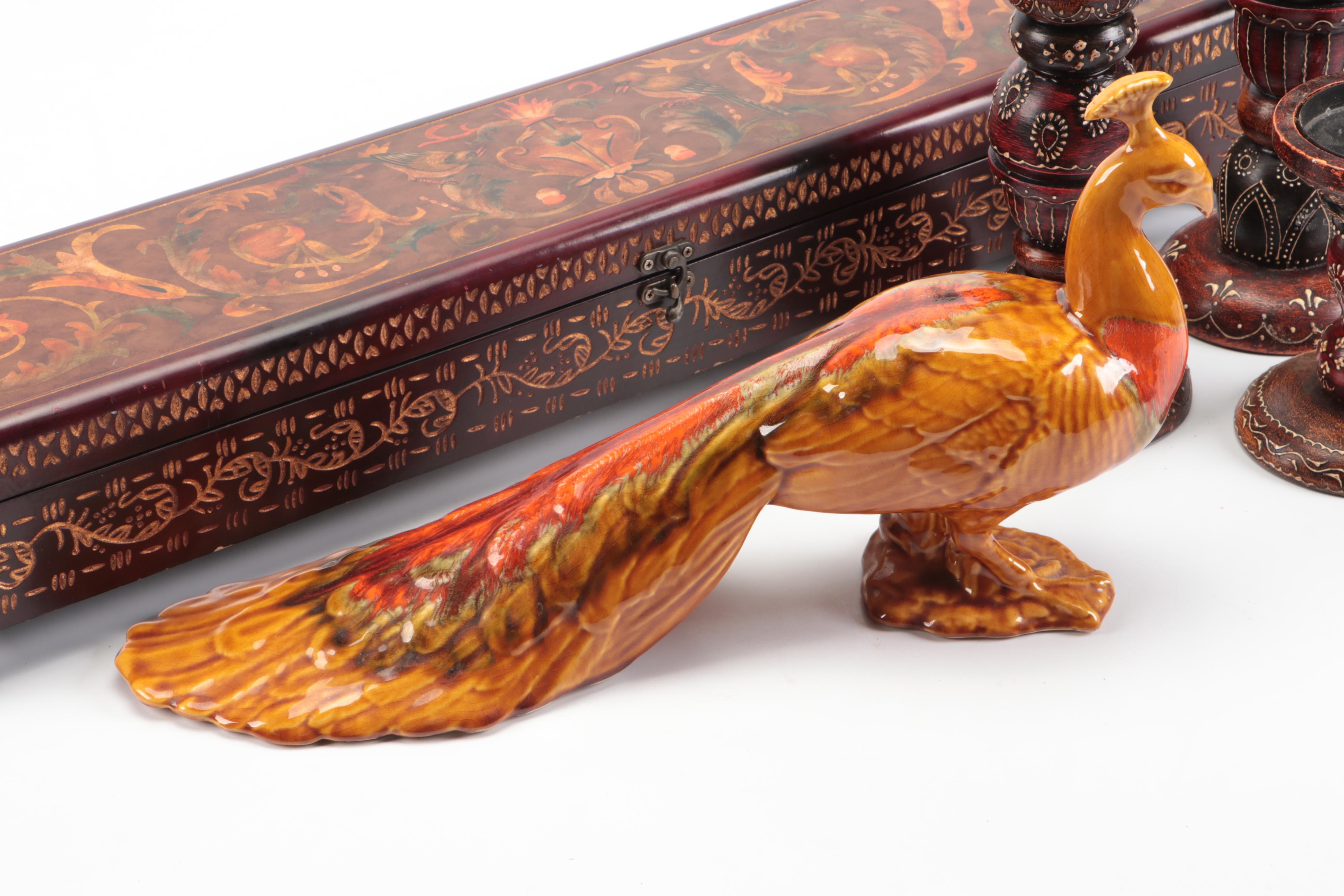 Etched Wooden Decorative Box, World Market Candle Holders, and Ceramic Animals