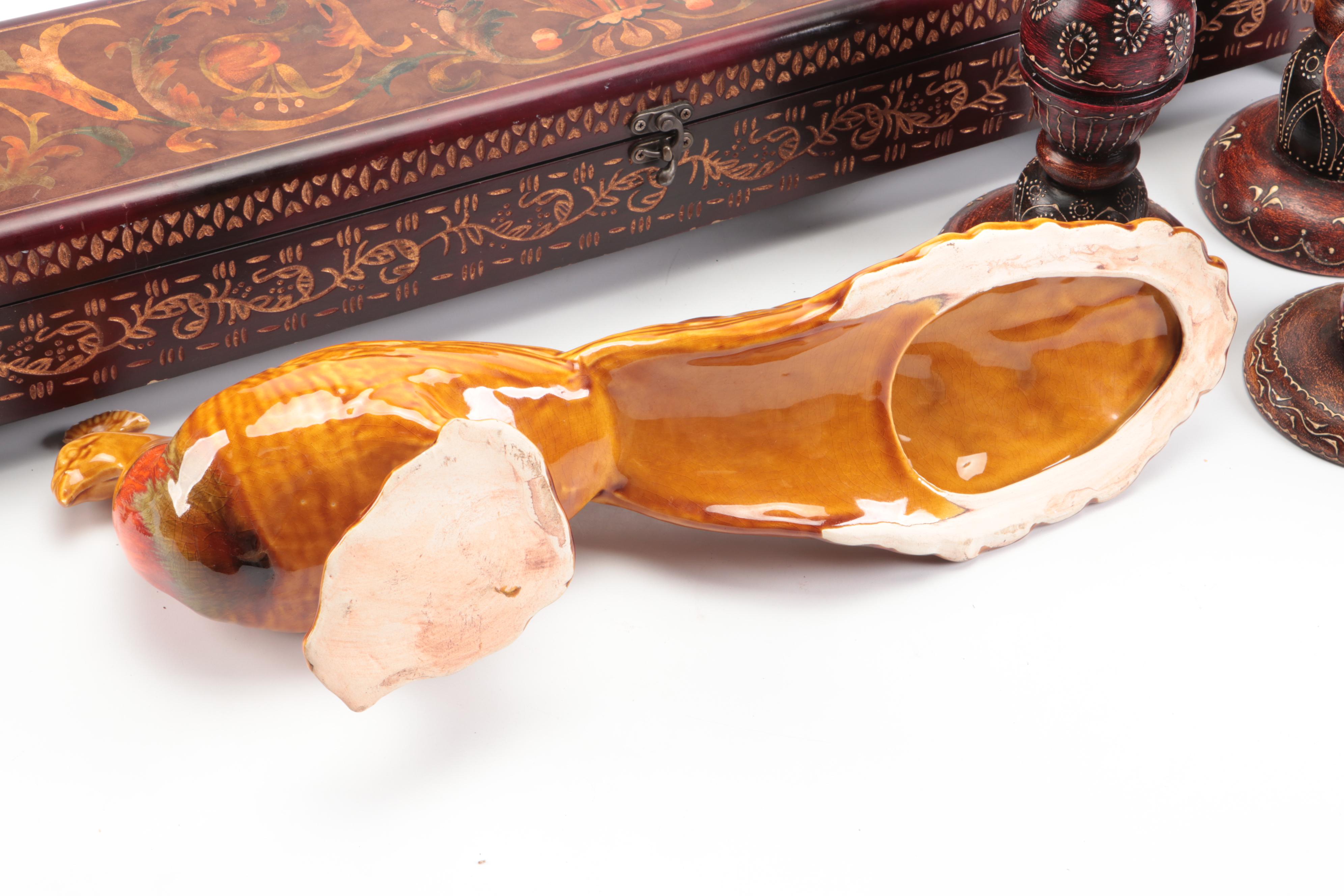 Etched Wooden Decorative Box, World Market Candle Holders, and Ceramic Animals