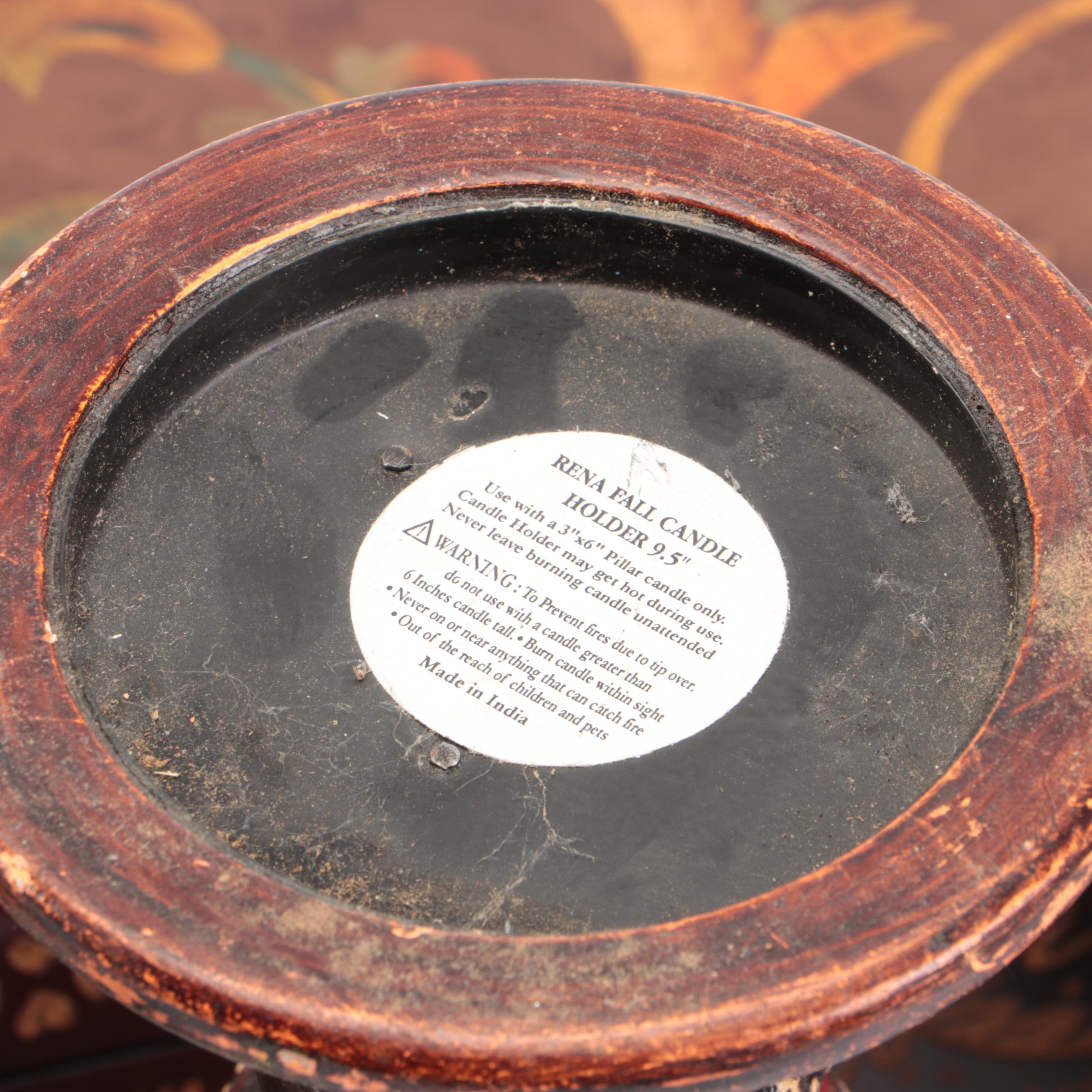 Etched Wooden Decorative Box, World Market Candle Holders, and Ceramic Animals