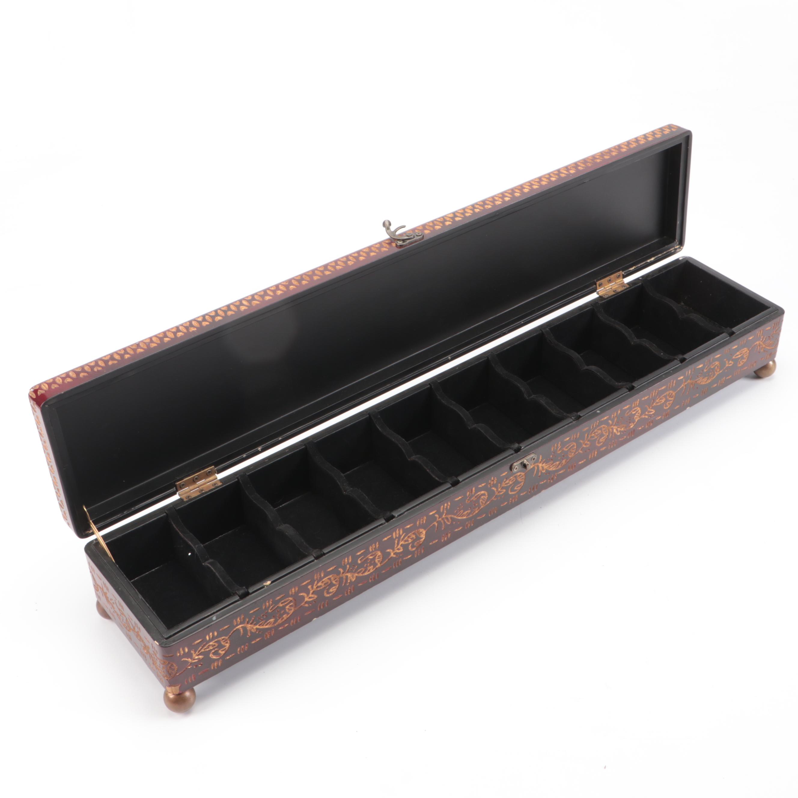 Etched Wooden Decorative Box, World Market Candle Holders, and Ceramic Animals