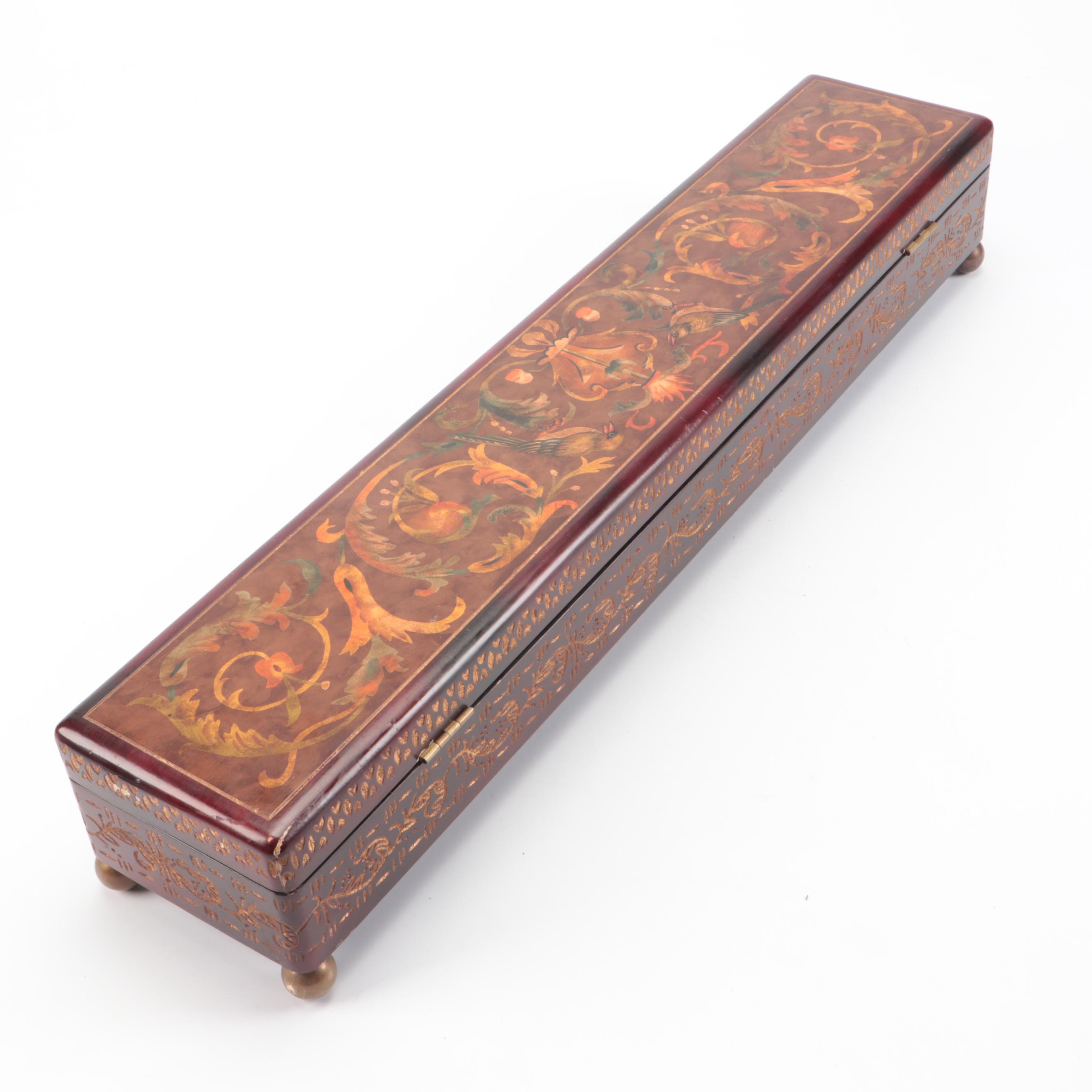 Etched Wooden Decorative Box, World Market Candle Holders, and Ceramic Animals