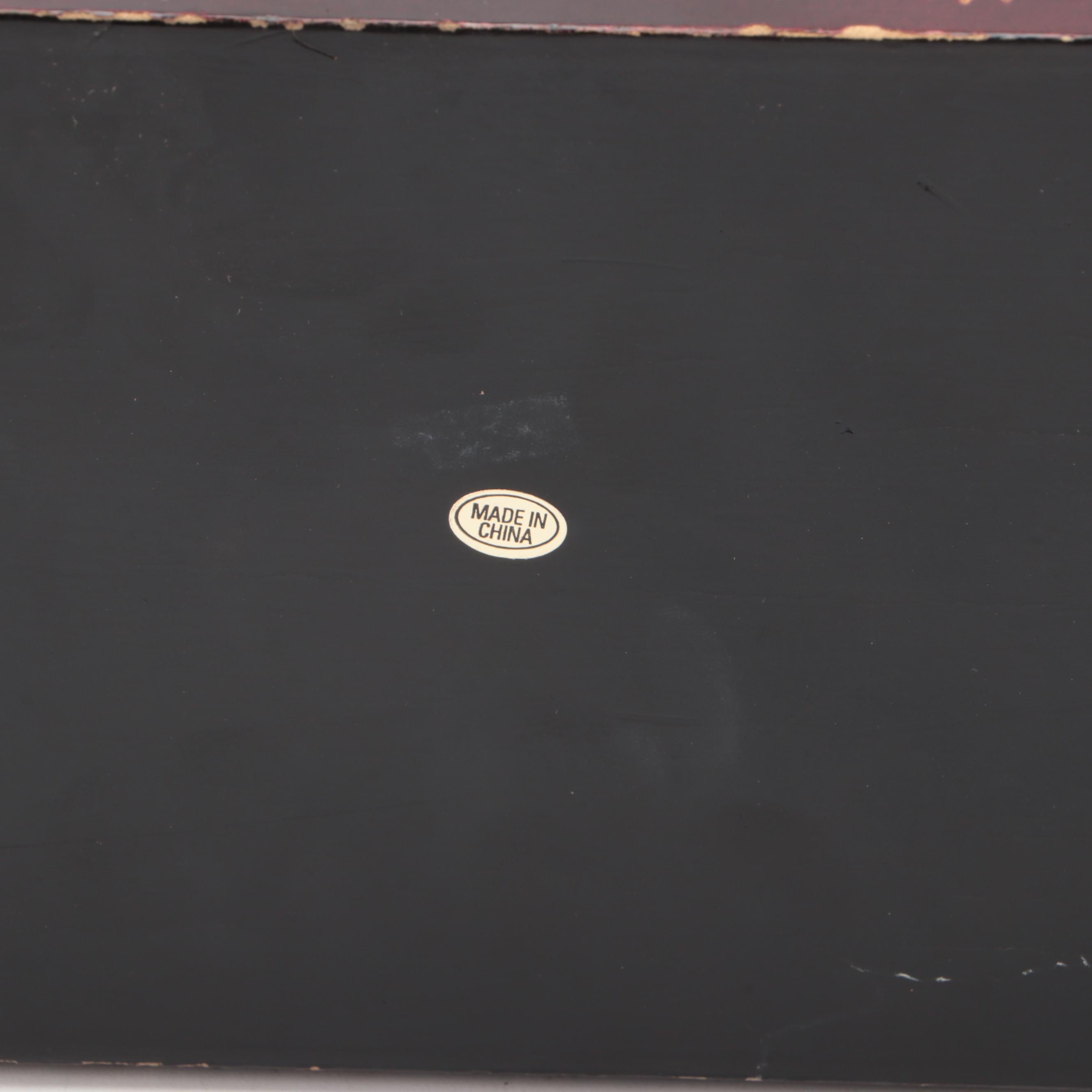 Etched Wooden Decorative Box, World Market Candle Holders, and Ceramic Animals