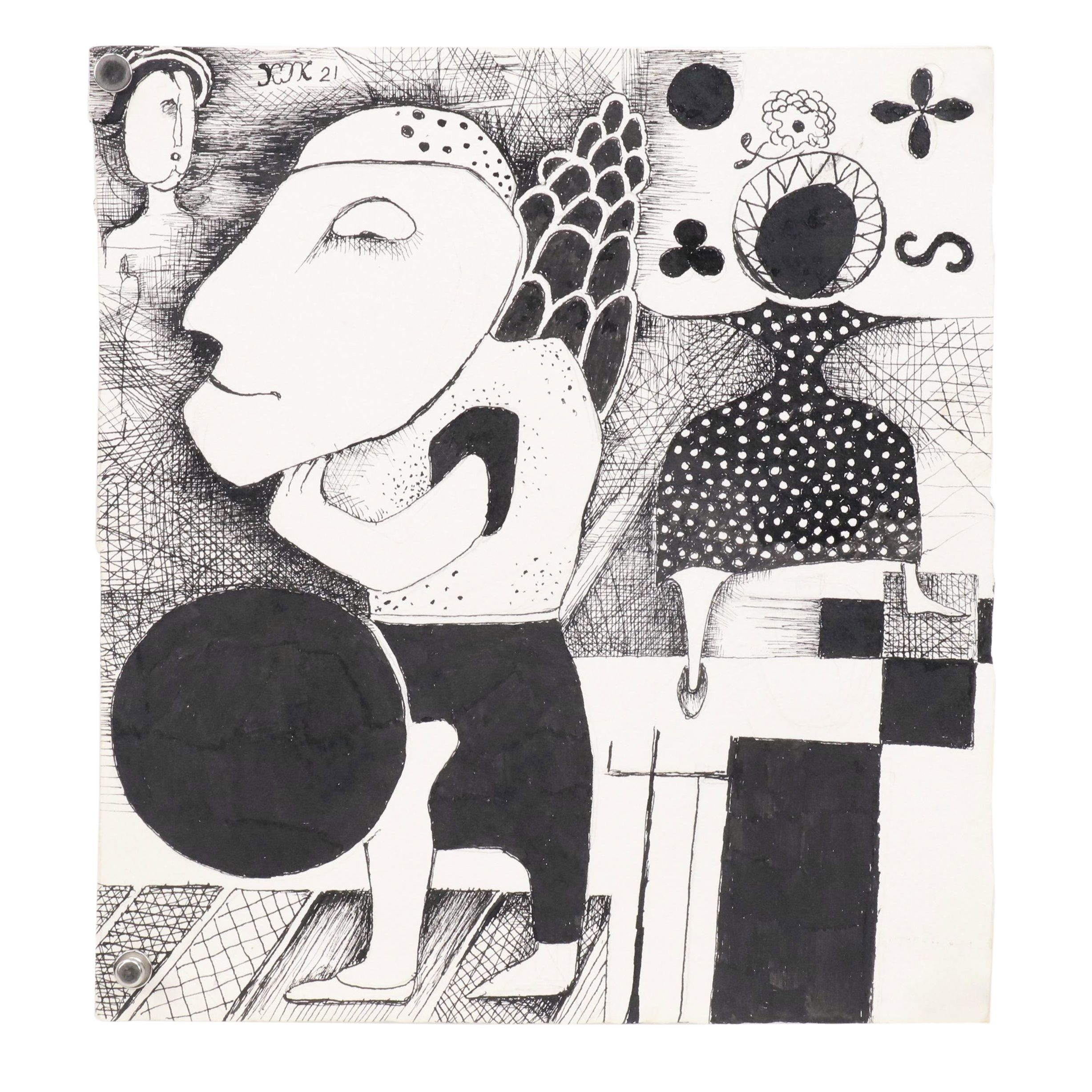 Nikolay "Kuk" Manuylov Figural Surrealist Ink Drawing, 2021