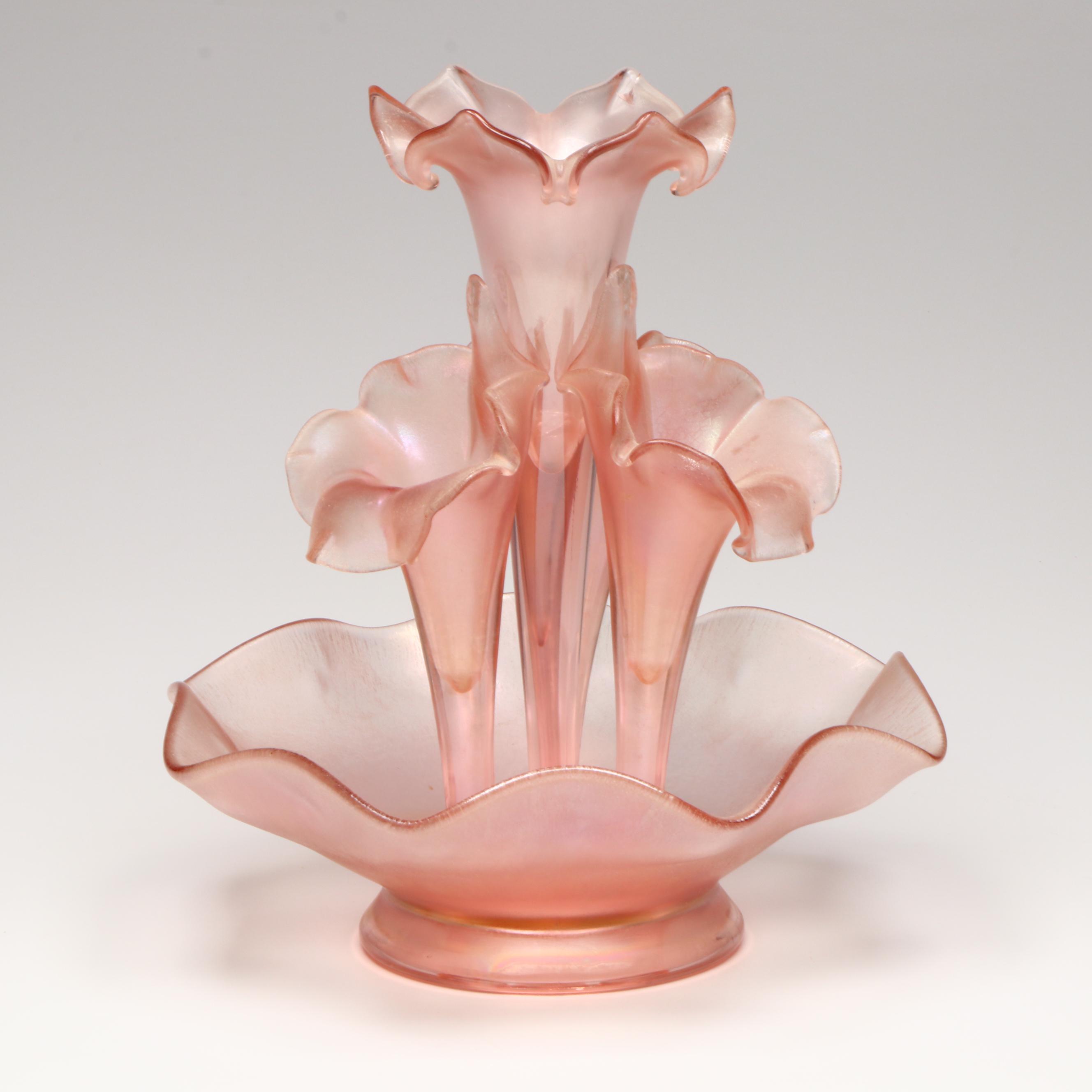 Fenton Velva Rose 75th Anniversary Iridescent Pink Satin Glass Epergne