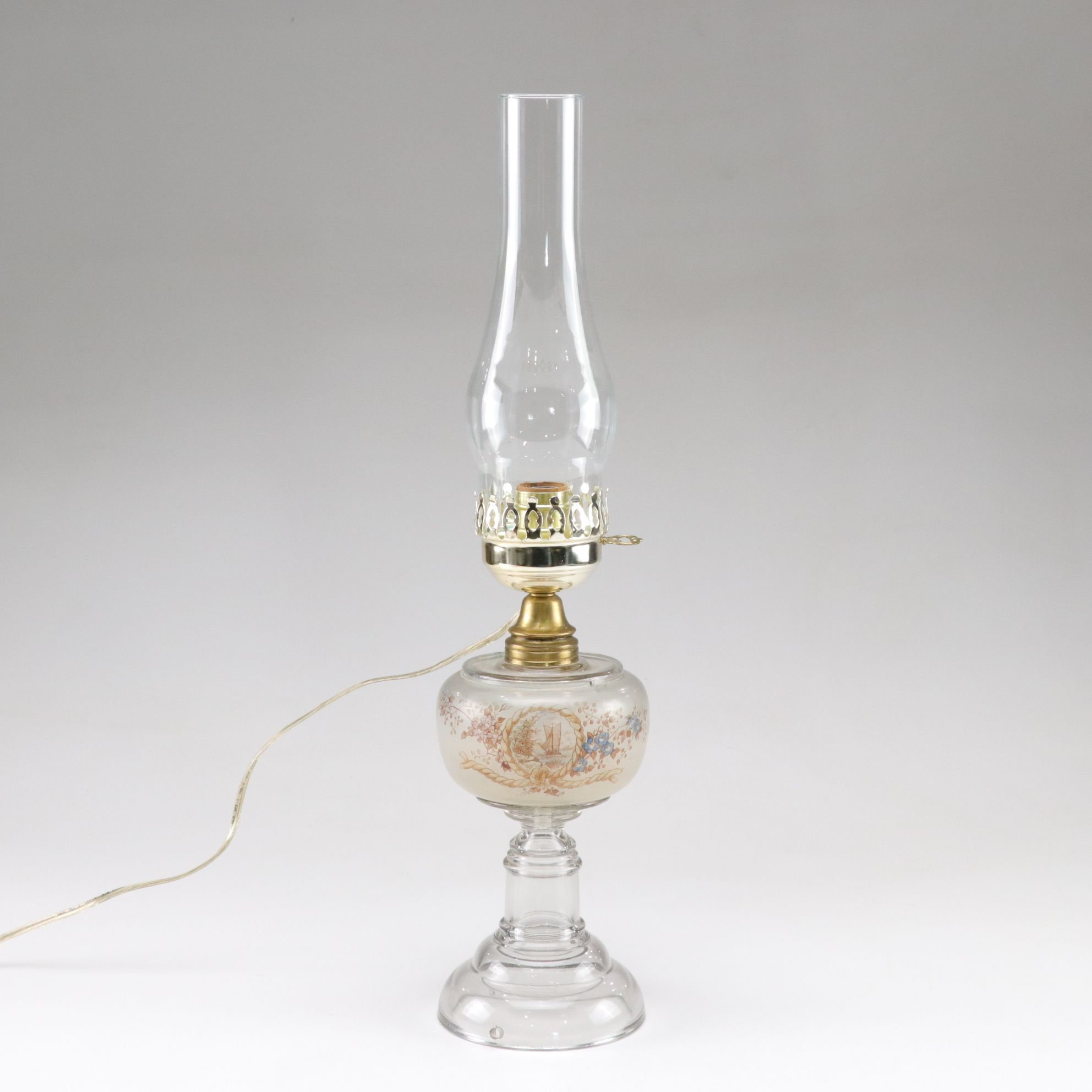 Paint Decorated Glass Kerosene Table Lamp, French Adapted