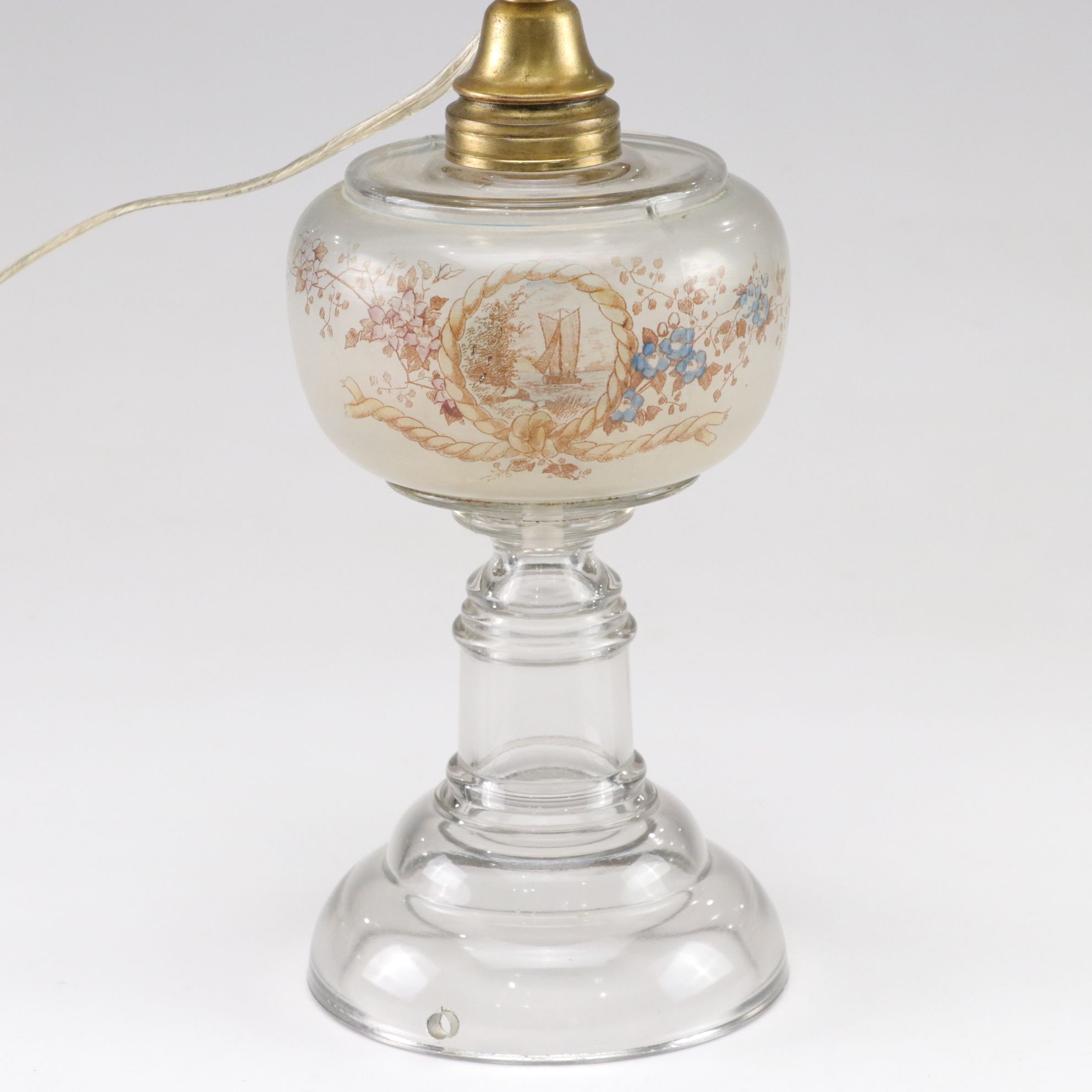 Paint Decorated Glass Kerosene Table Lamp, French Adapted