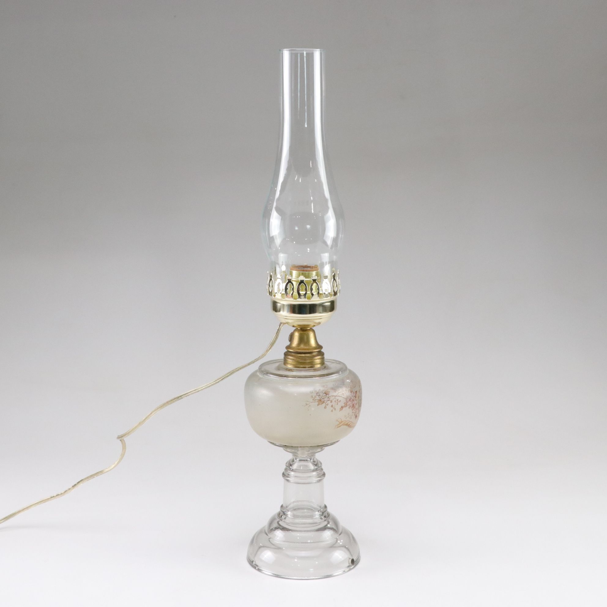 Paint Decorated Glass Kerosene Table Lamp, French Adapted