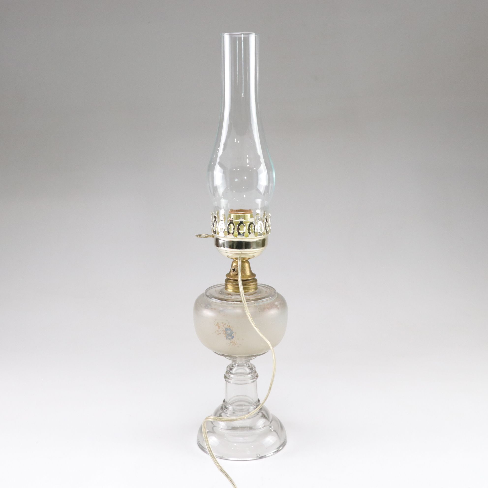 Paint Decorated Glass Kerosene Table Lamp, French Adapted