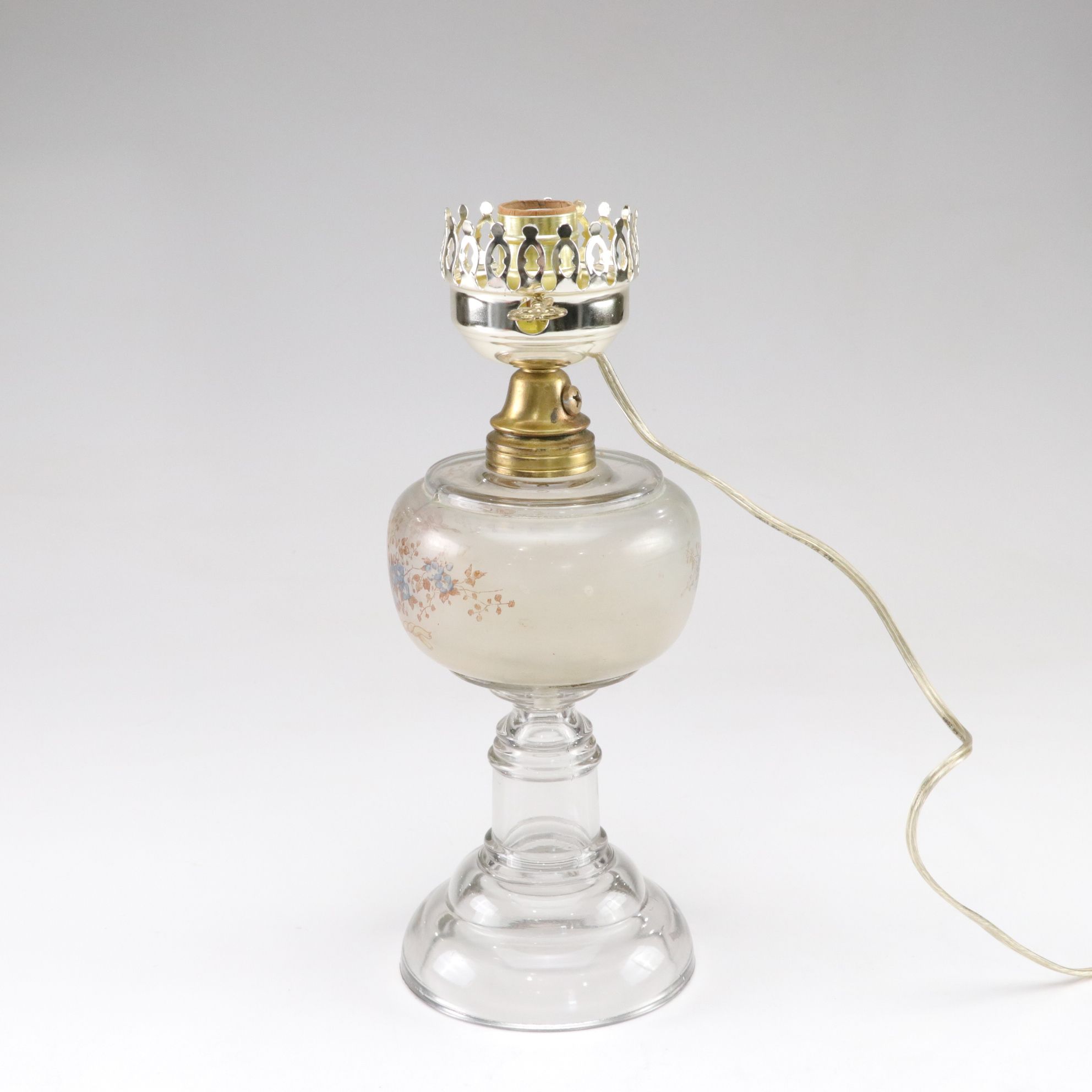 Paint Decorated Glass Kerosene Table Lamp, French Adapted