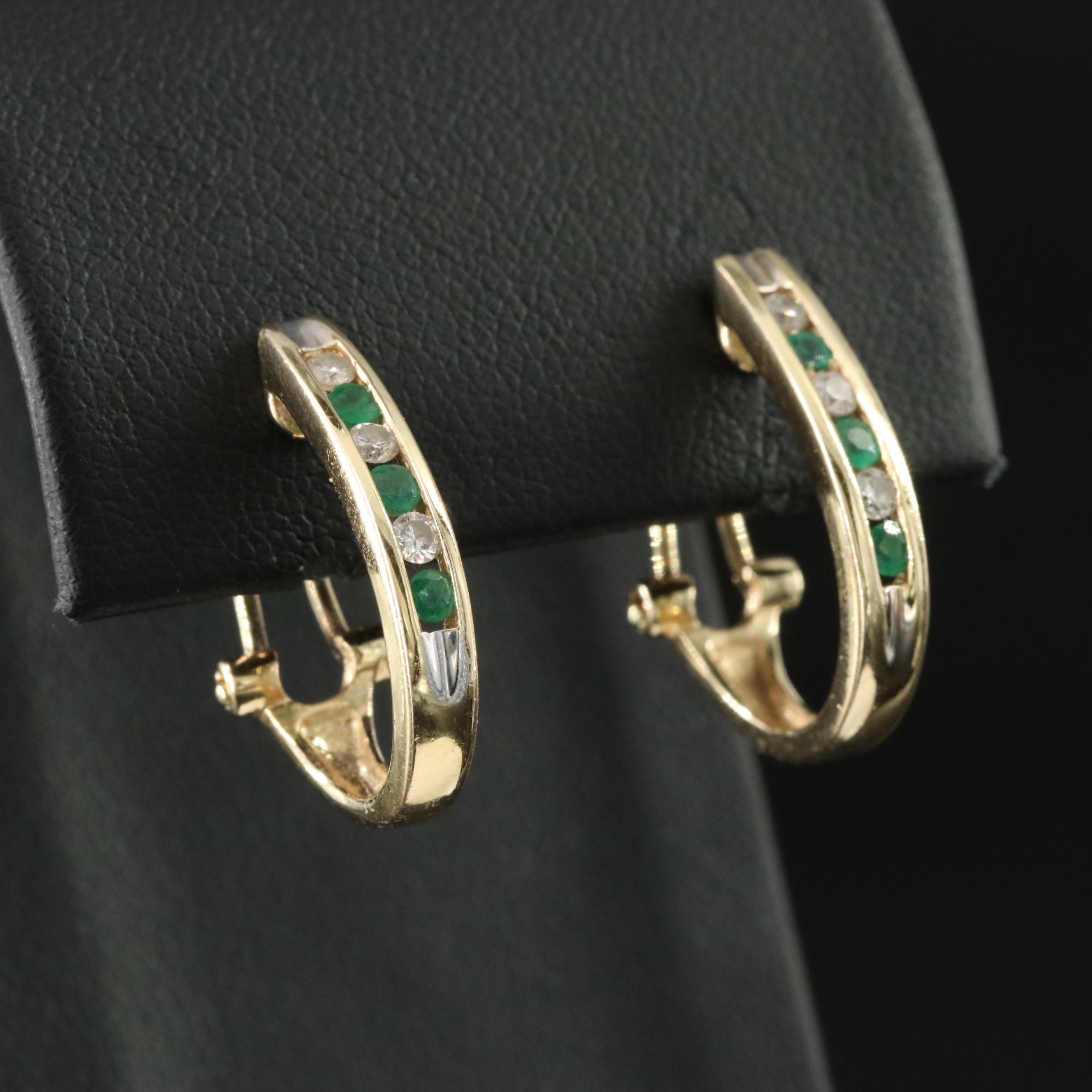 14K Diamond and Emerald Hoop Earrings