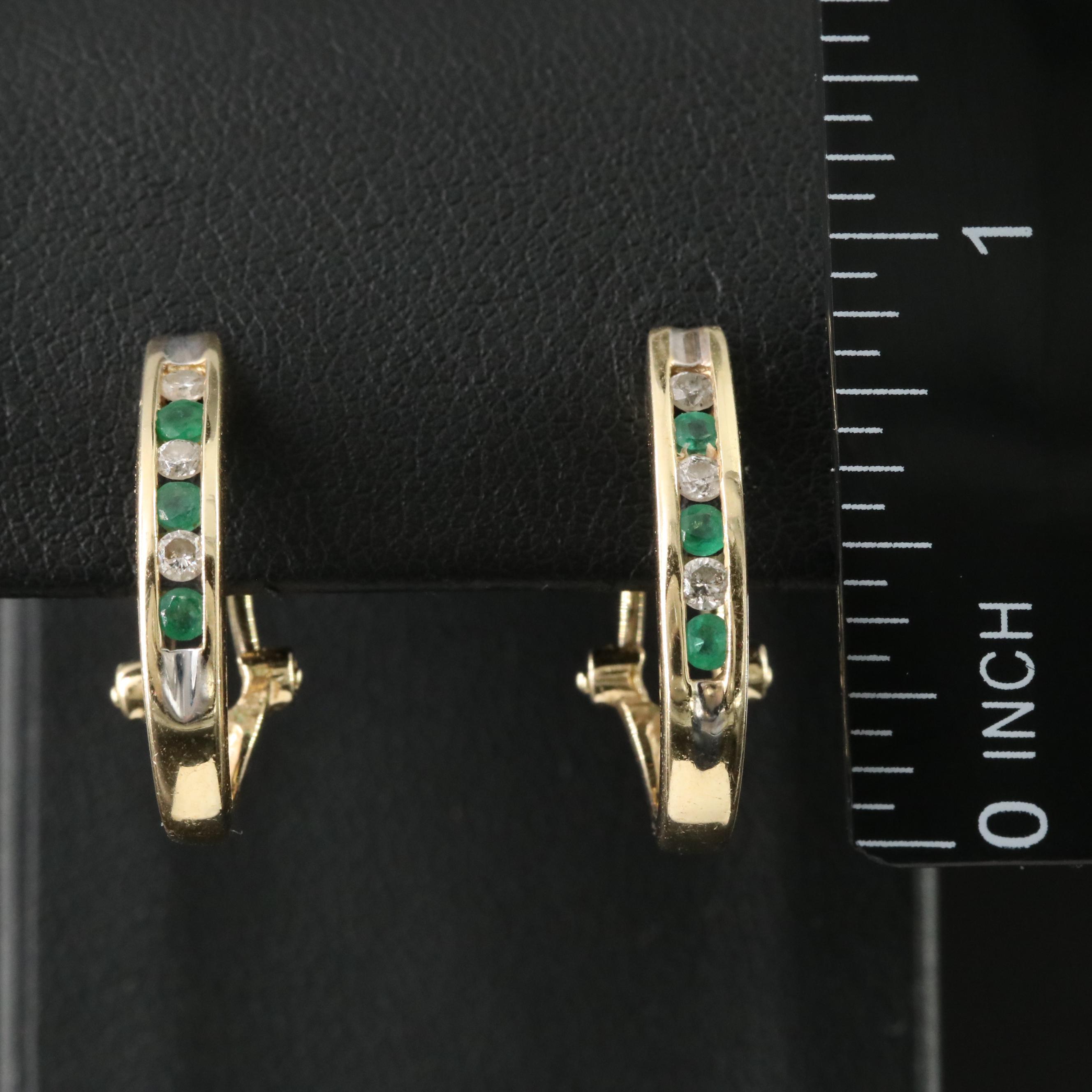 14K Diamond and Emerald Hoop Earrings