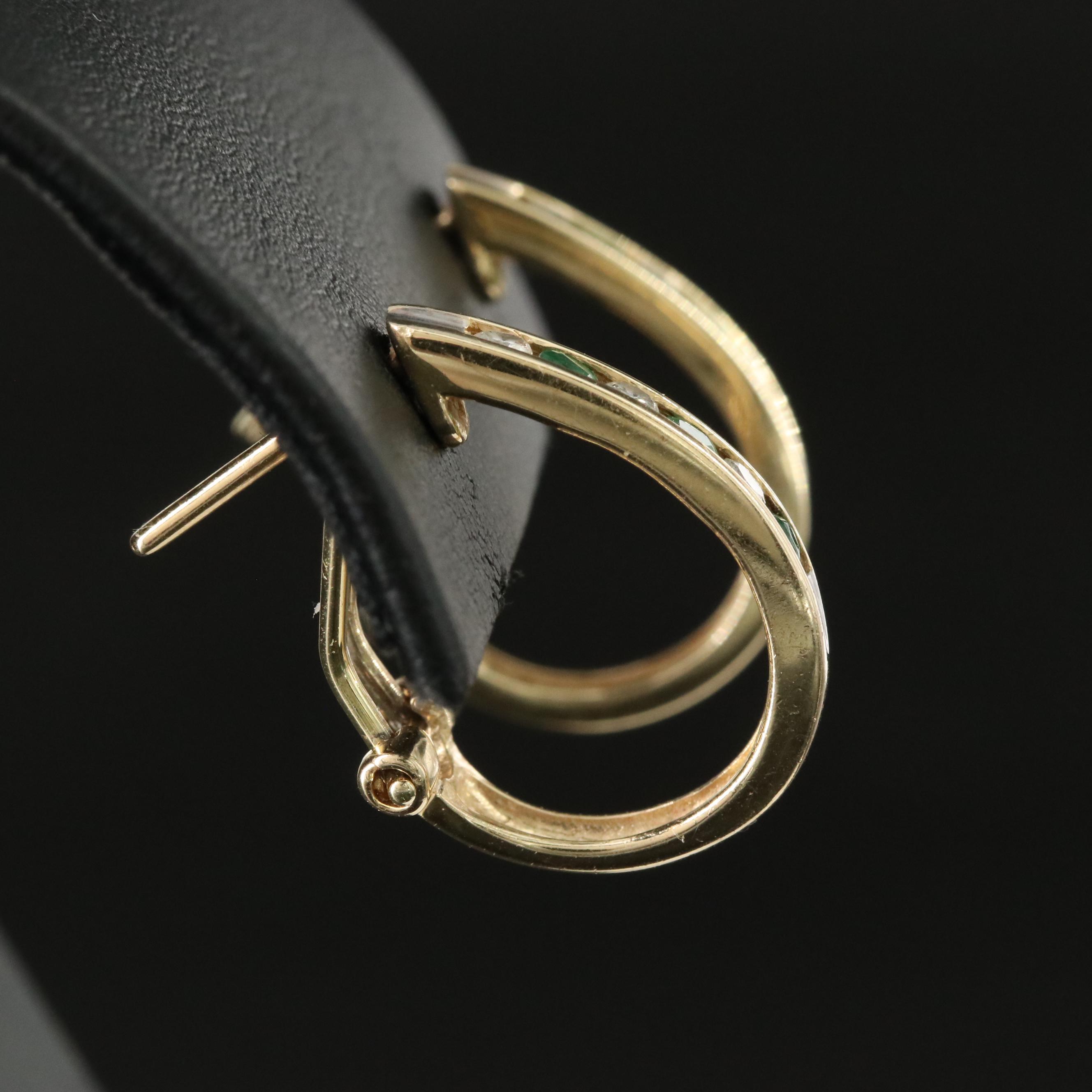 14K Diamond and Emerald Hoop Earrings