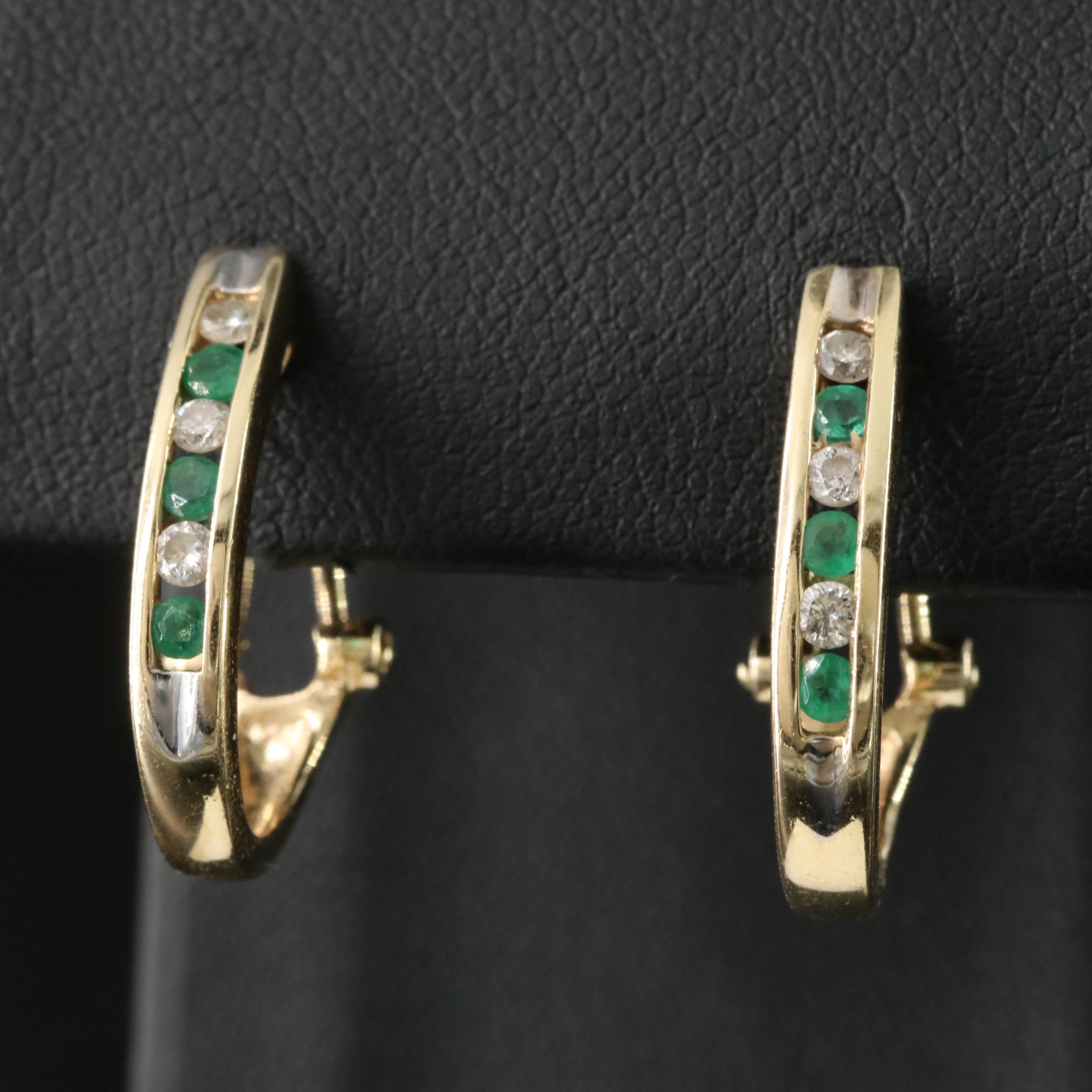 14K Diamond and Emerald Hoop Earrings