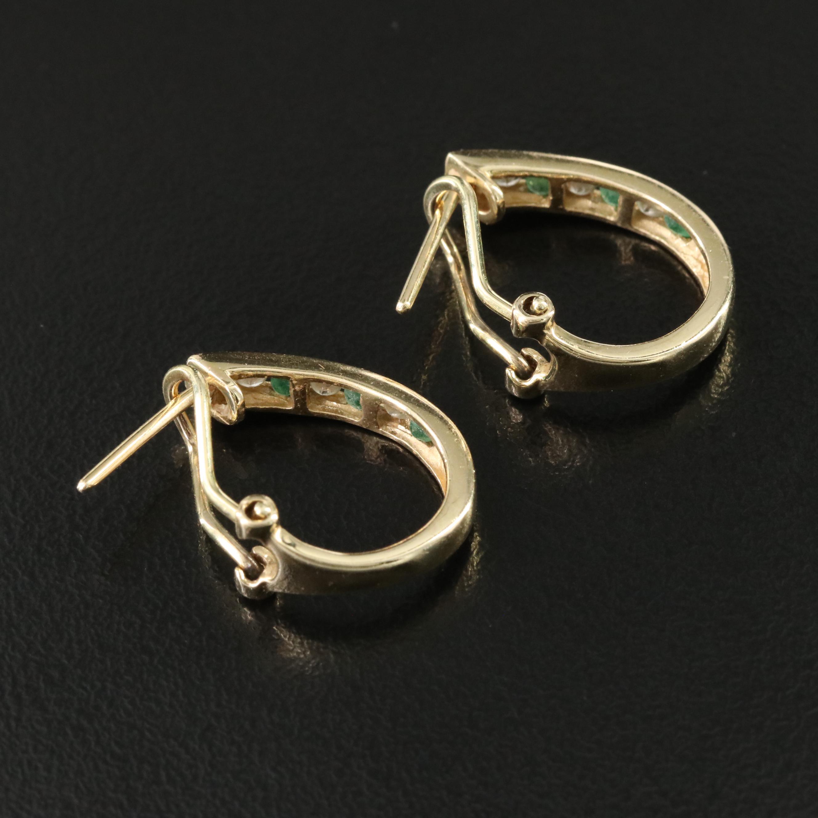 14K Diamond and Emerald Hoop Earrings