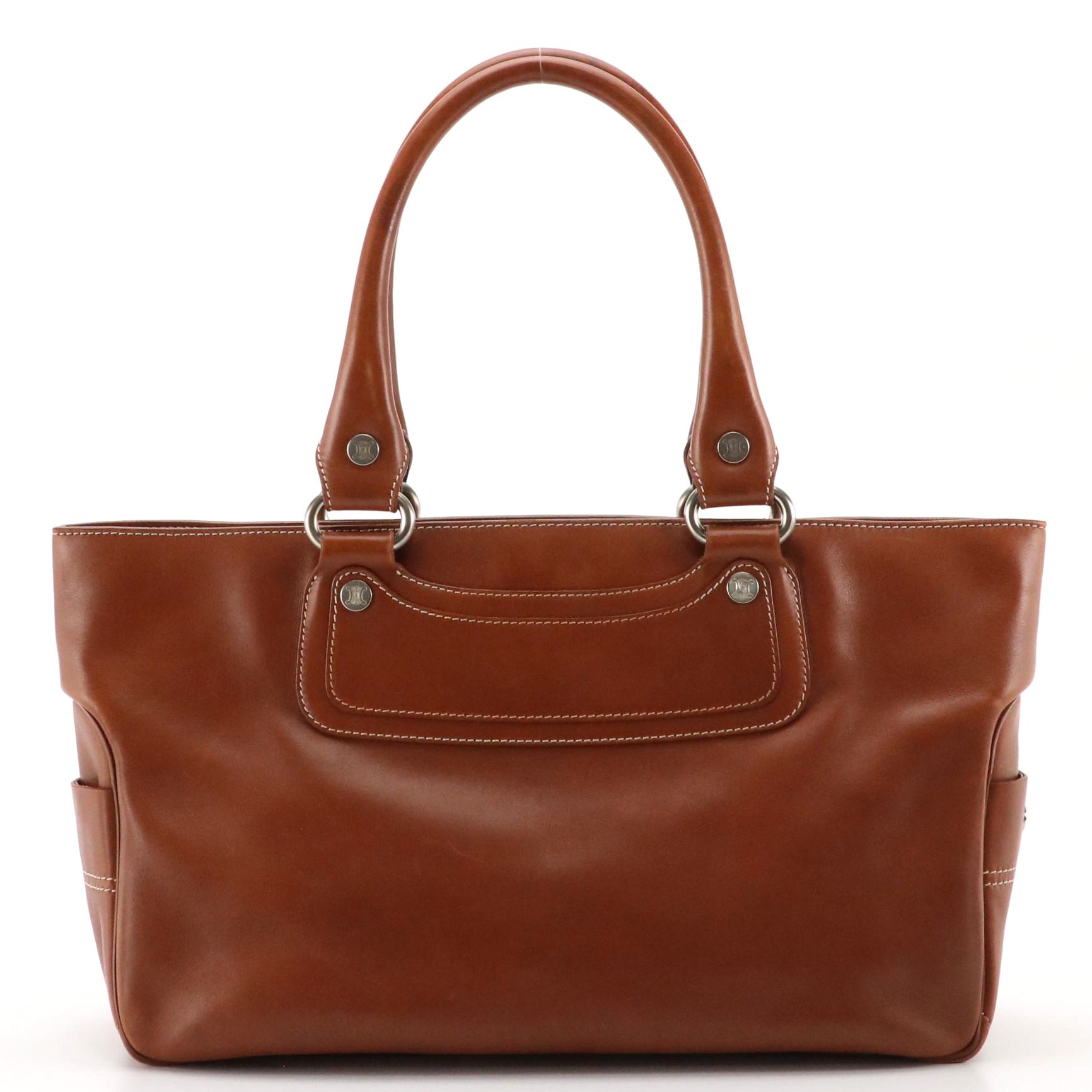 Celine Boogie Bag in Contrast-Stitched Caramel Brown Calfskin Leather