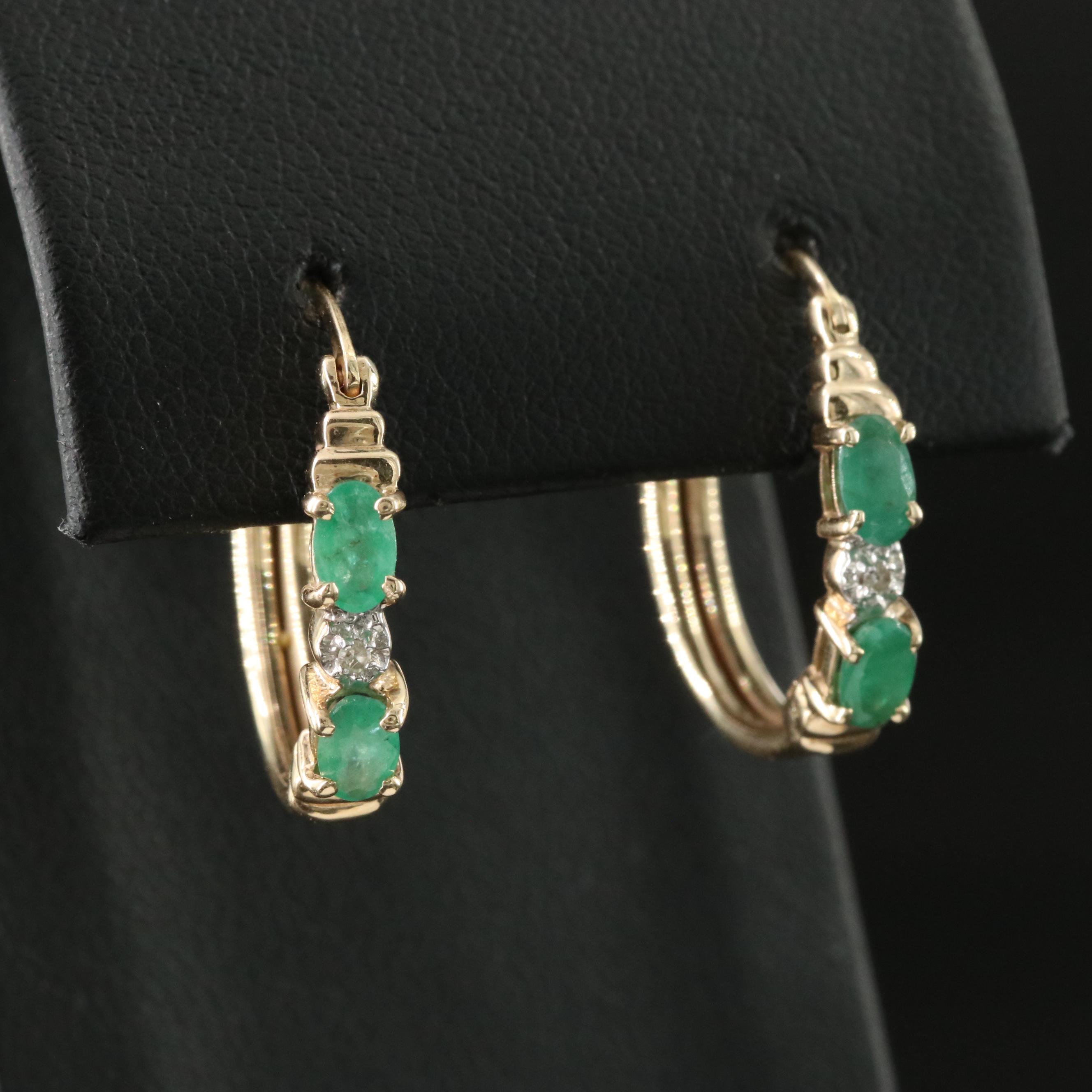 10K Emerald and Diamond Hoop Earrings