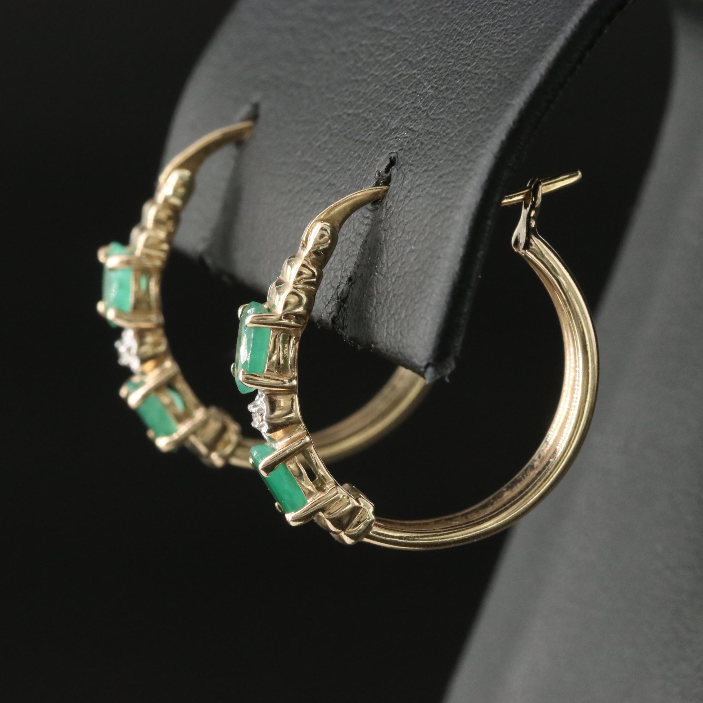 10K Emerald and Diamond Hoop Earrings