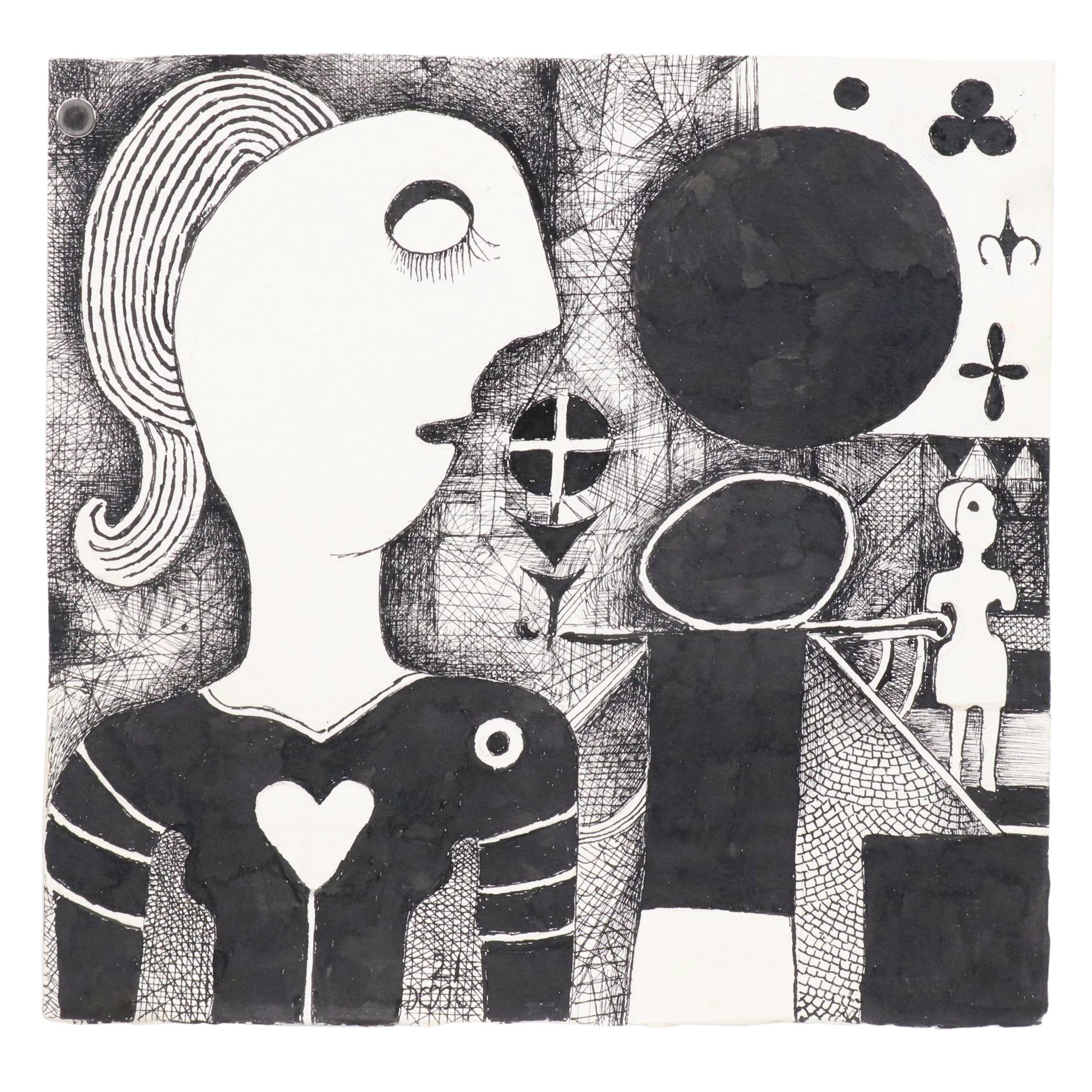 Nikolay "Kuk" Manuylov Figural Surrealist Ink Drawing, 21st Century