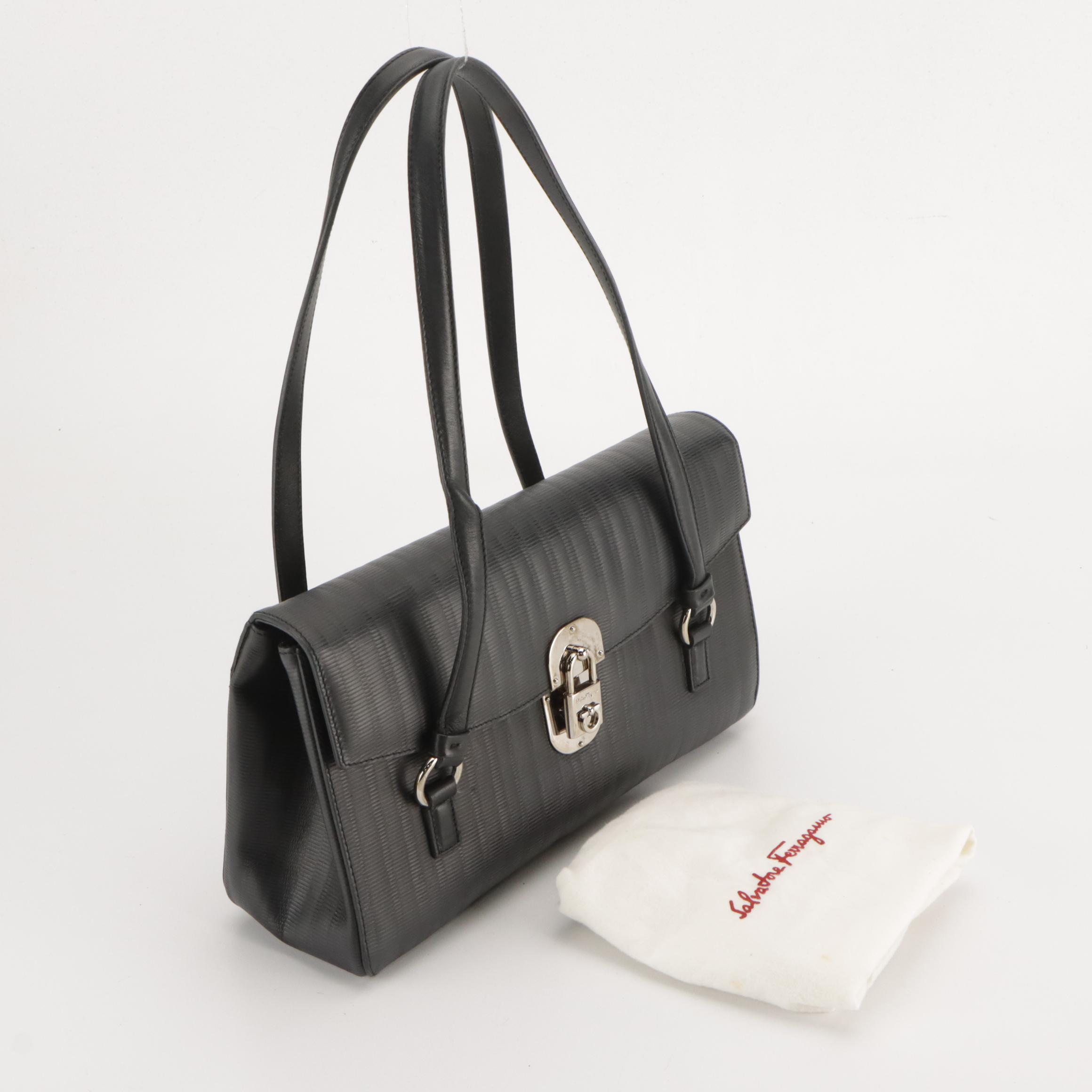 Salvatore Ferragamo Flap Shoulder Bag in Black Textured Leather