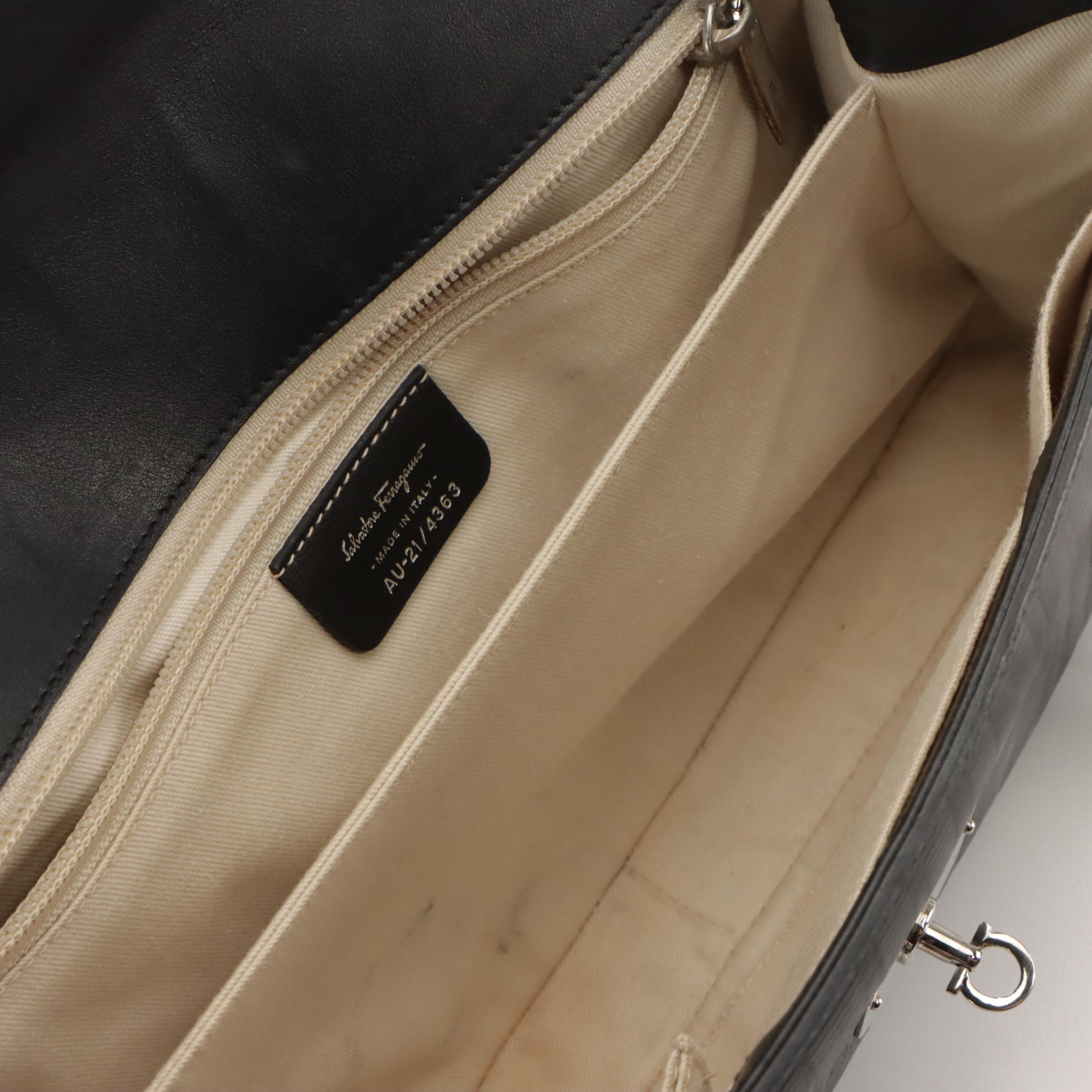 Salvatore Ferragamo Flap Shoulder Bag in Black Textured Leather