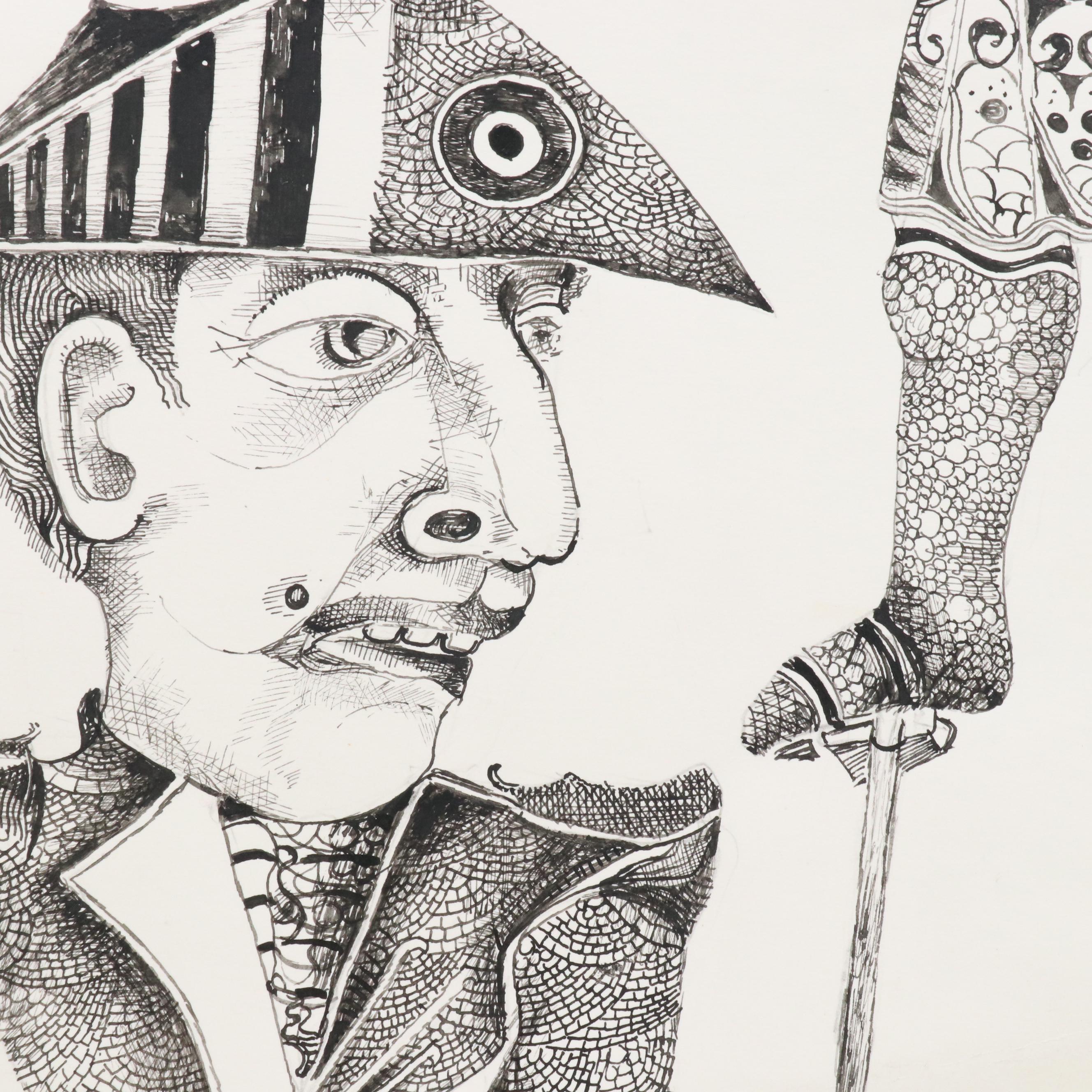 Nikolay "Kuk" Manuylov Surrealist Ink Drawing "Hooray for Us," 21st Century