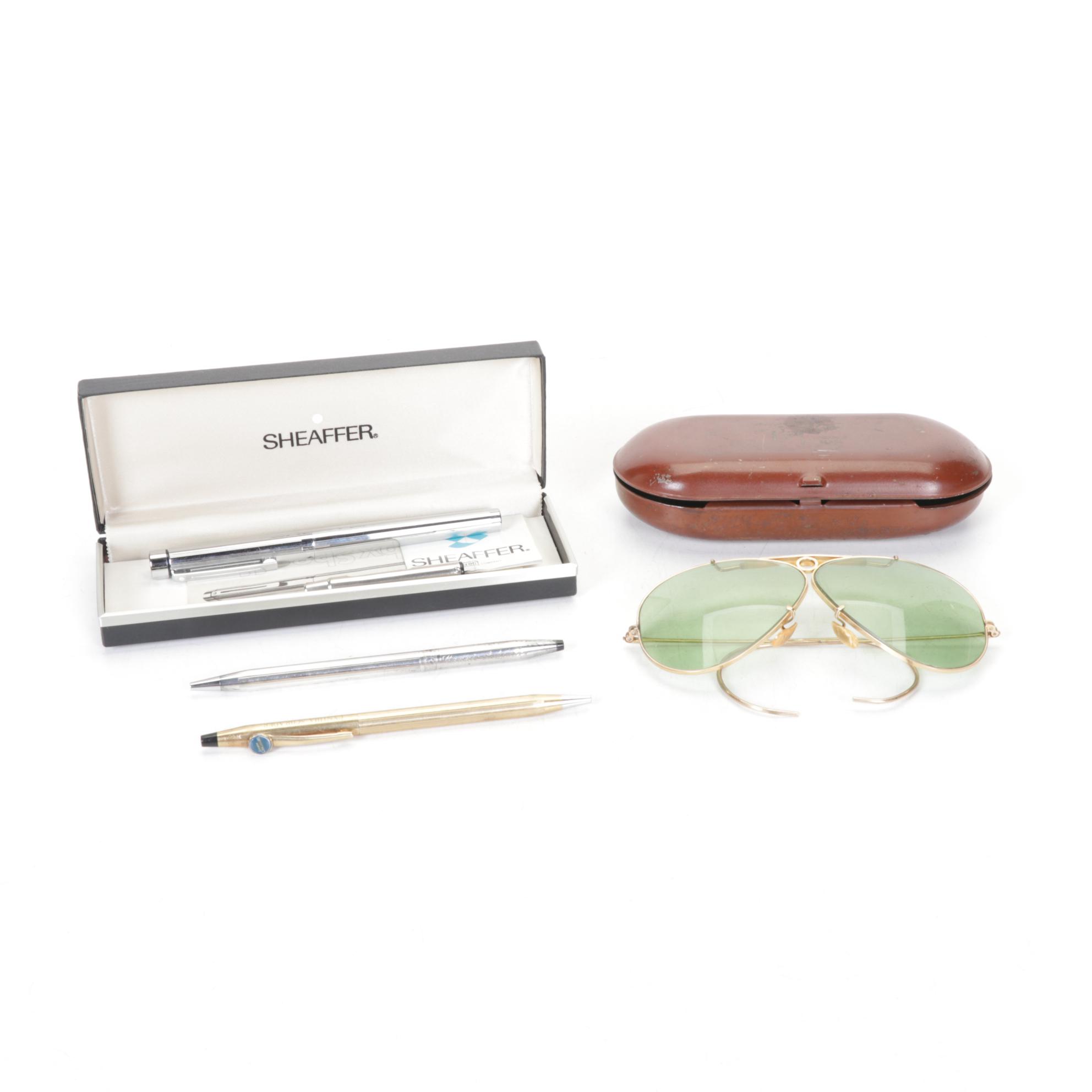 Ray-Ban "Shooter" 12k Gold Frame Aviators with Ballpoint & Fountain Pens