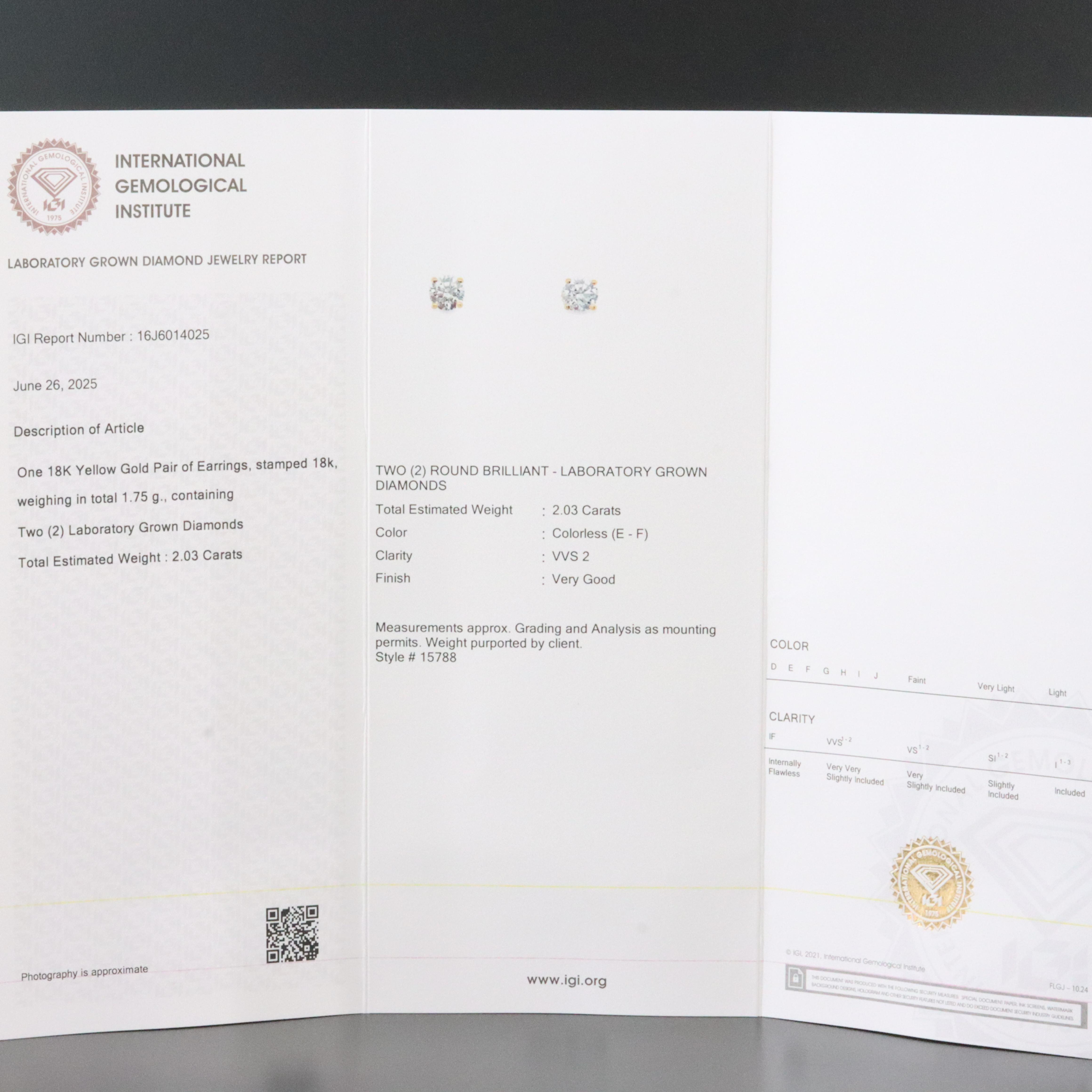 18K 2.03 CTW Lab Grown Diamond Solitaire Stud Earrings with IGI Report