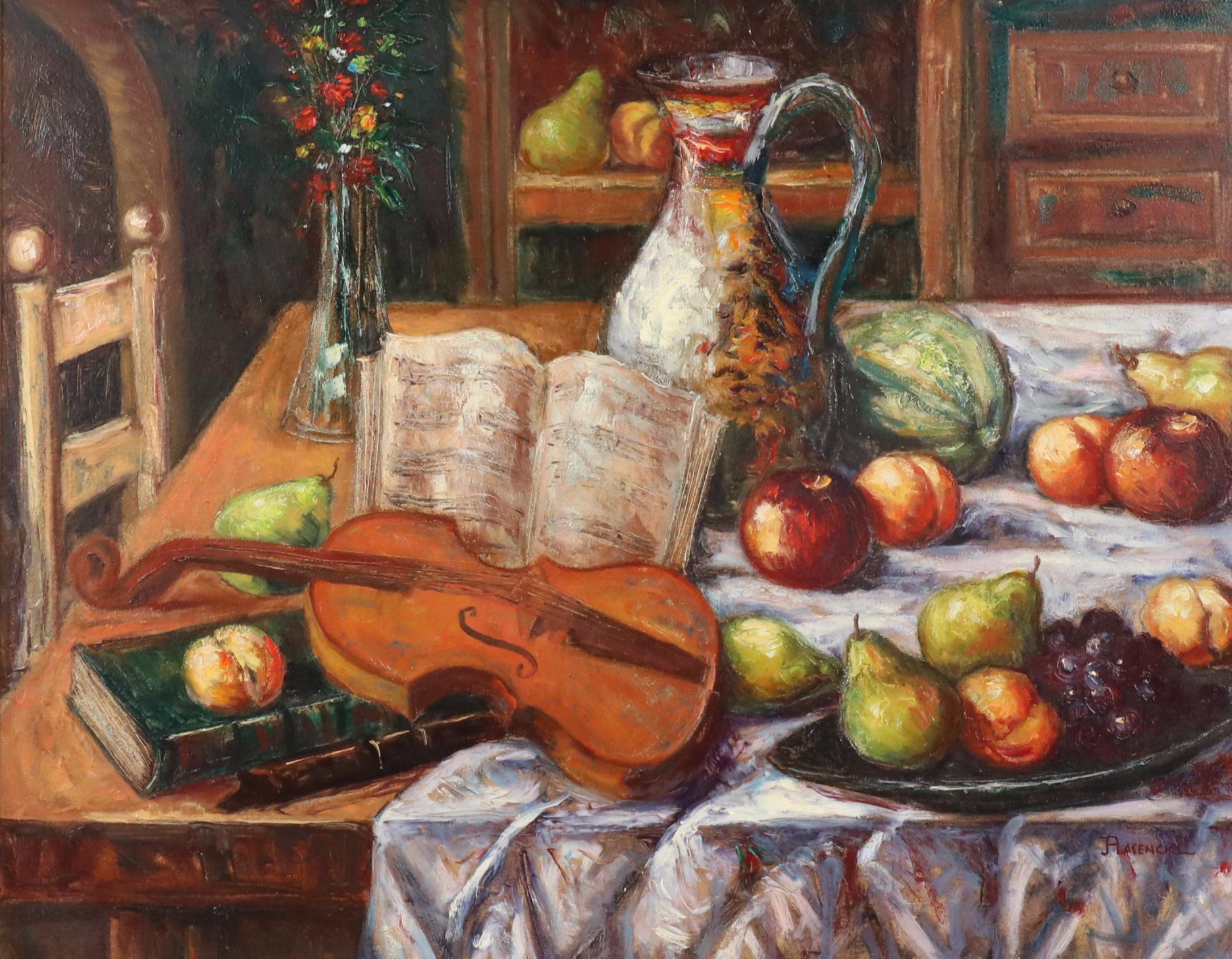Ladislao Plasencki Still Life Oil Painting with Violin and Fruit