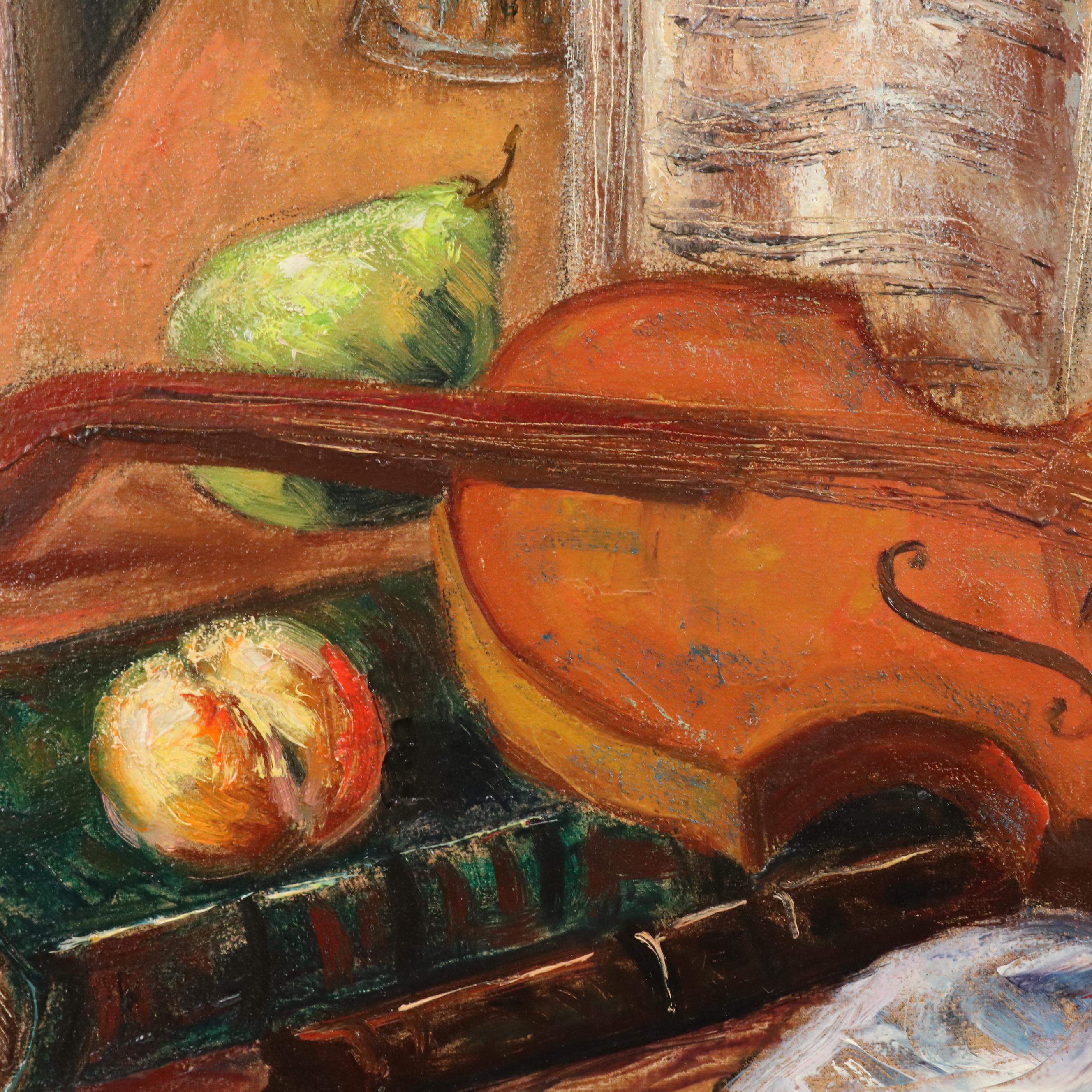 Ladislao Plasencki Still Life Oil Painting with Violin and Fruit