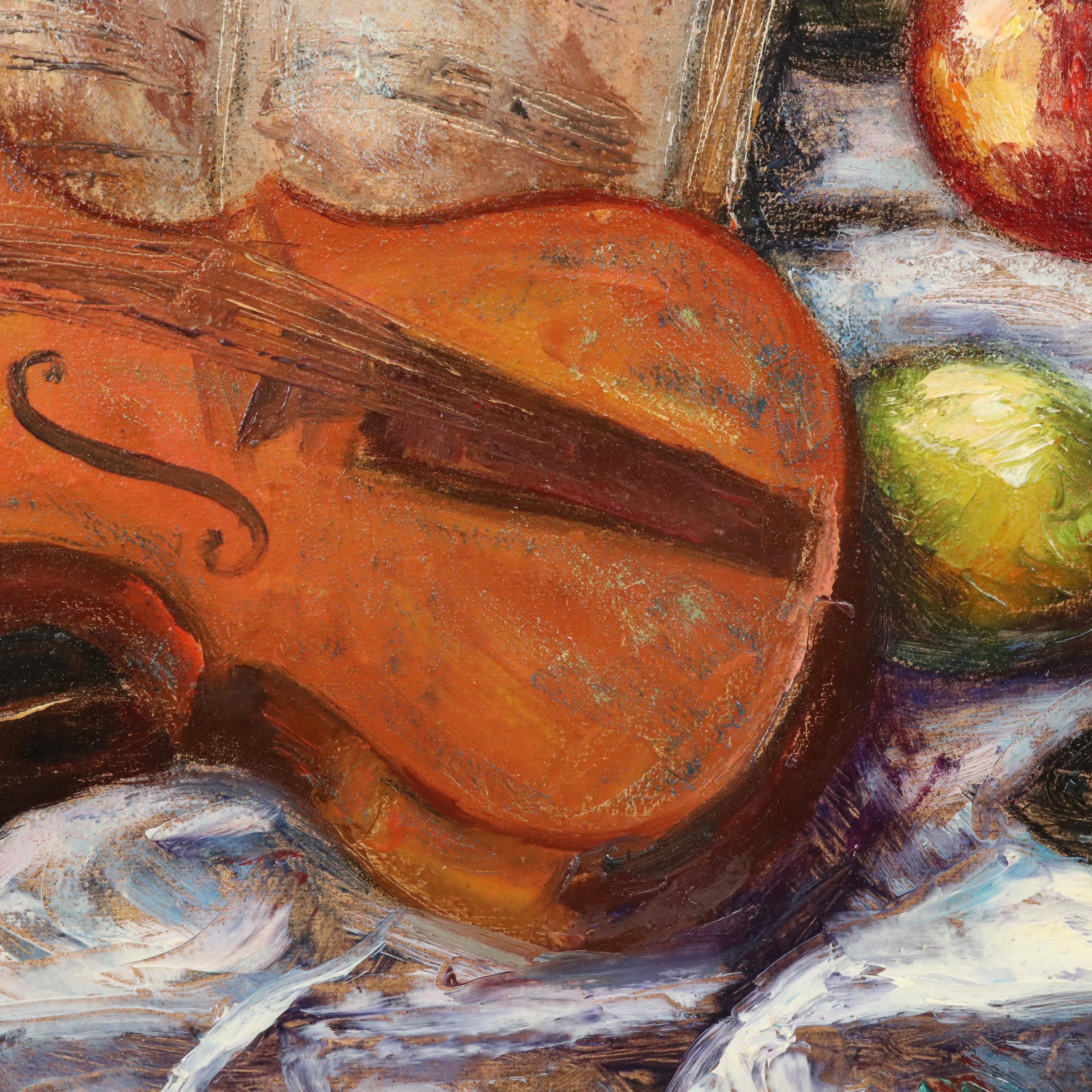 Ladislao Plasencki Still Life Oil Painting with Violin and Fruit