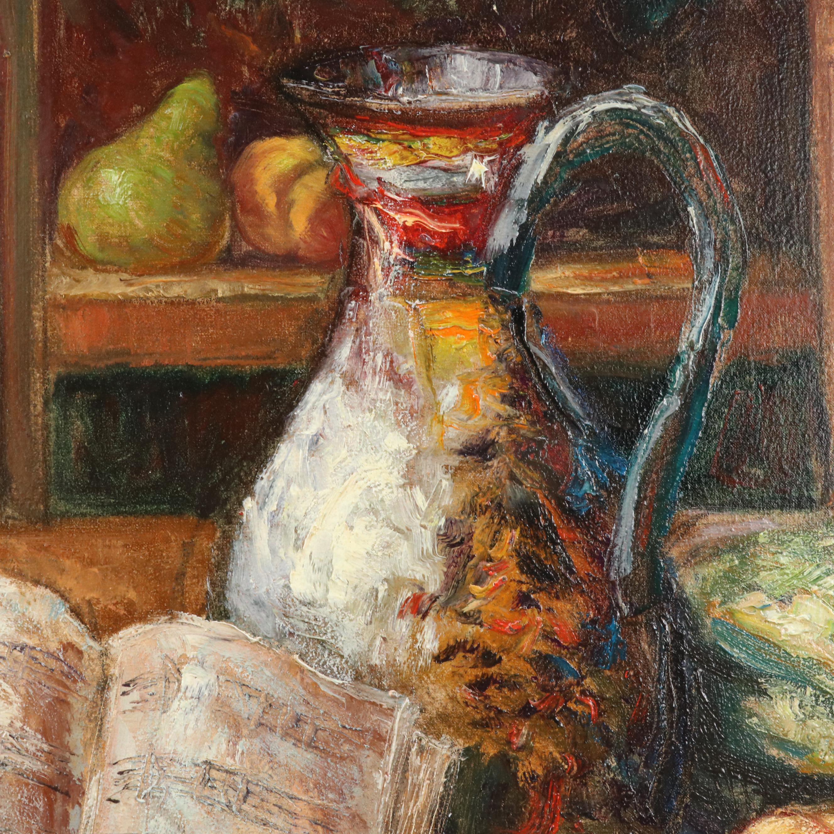 Ladislao Plasencki Still Life Oil Painting with Violin and Fruit