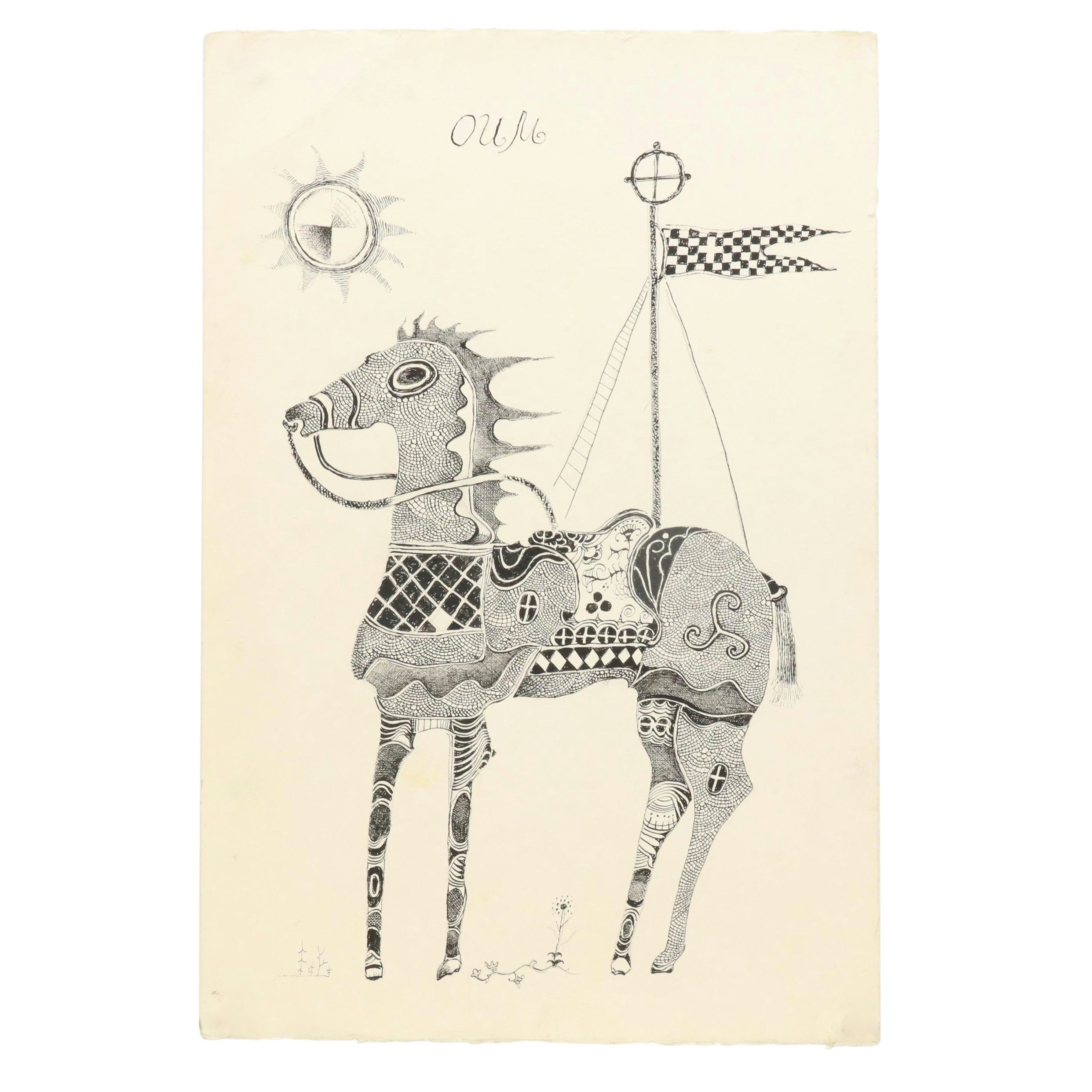 Nikolay "Kuk" Manuylov Surrealist Ink Drawing of Horse, 21st Century