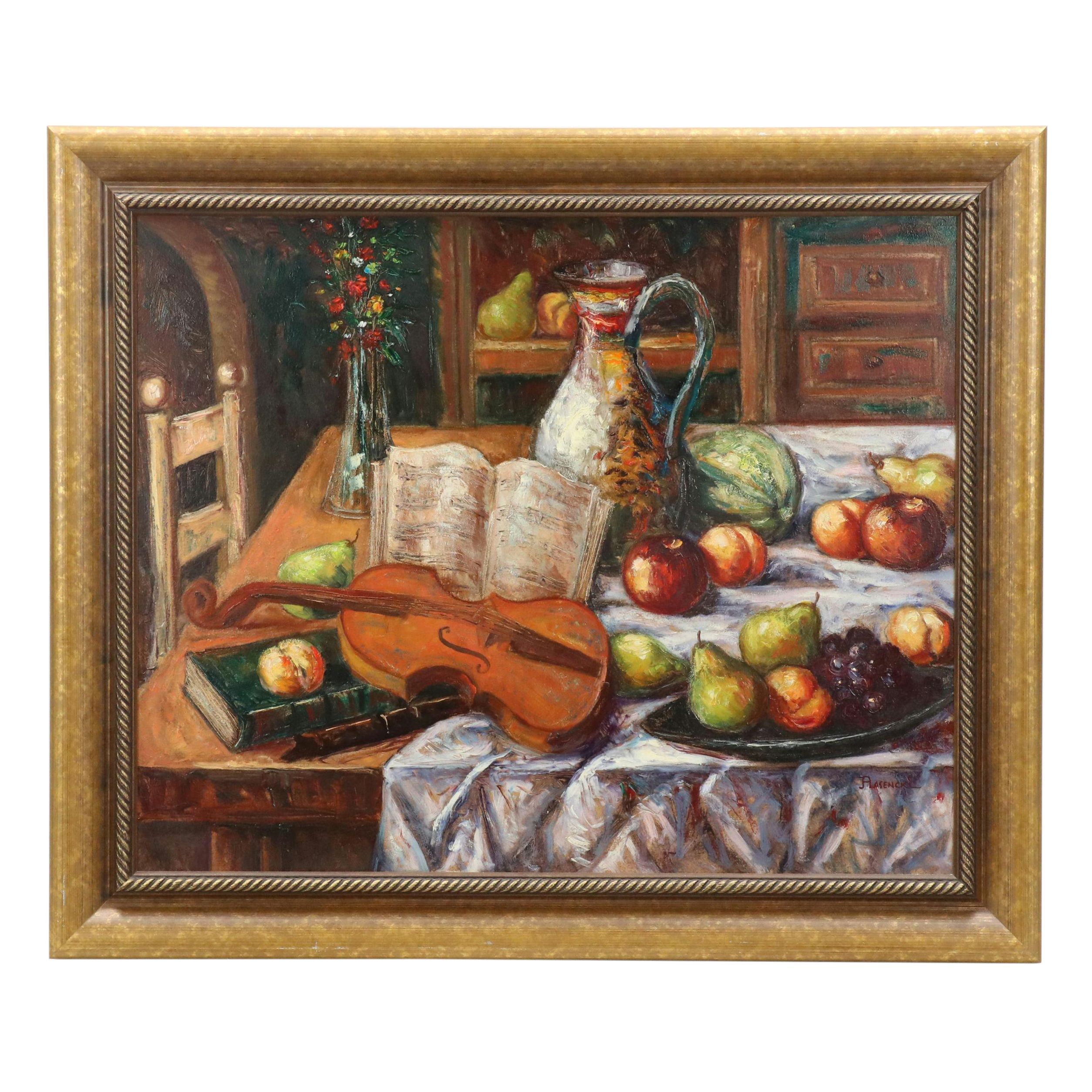 Ladislao Plasencki Still Life Oil Painting with Violin and Fruit