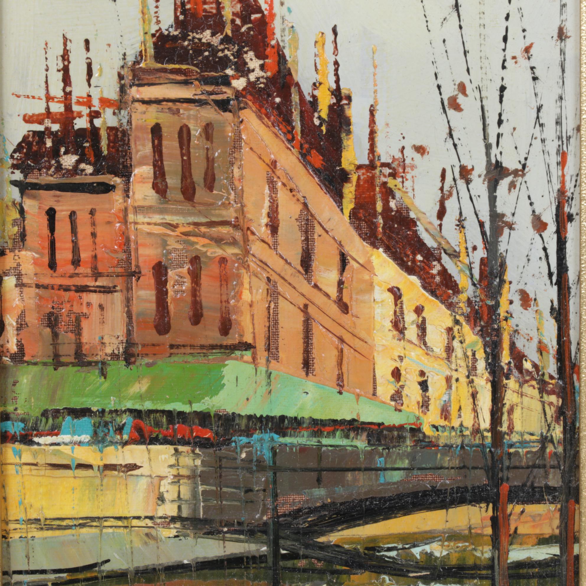 Impressionistic Oil Painting of Cityscape and Bridge Over Water
