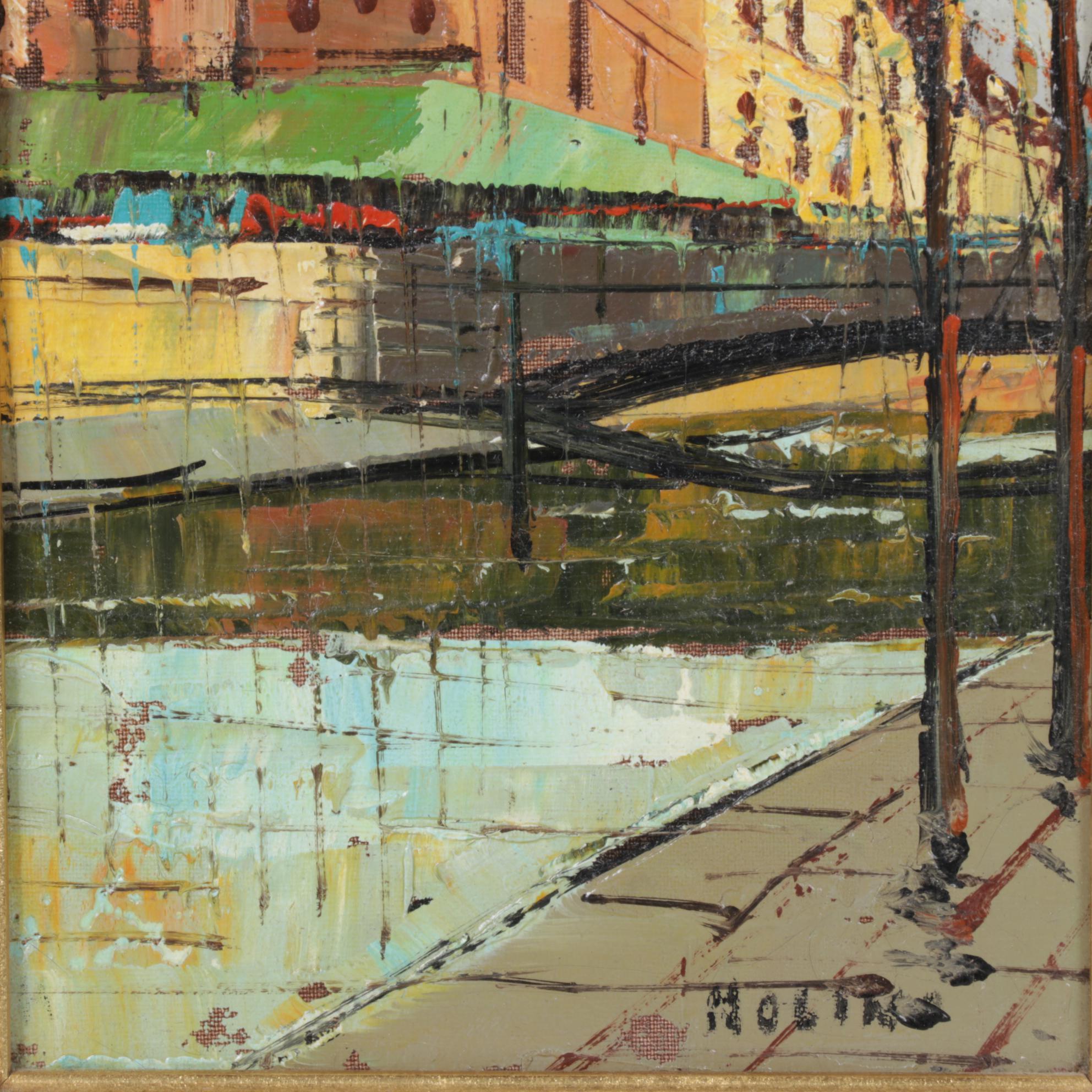 Impressionistic Oil Painting of Cityscape and Bridge Over Water