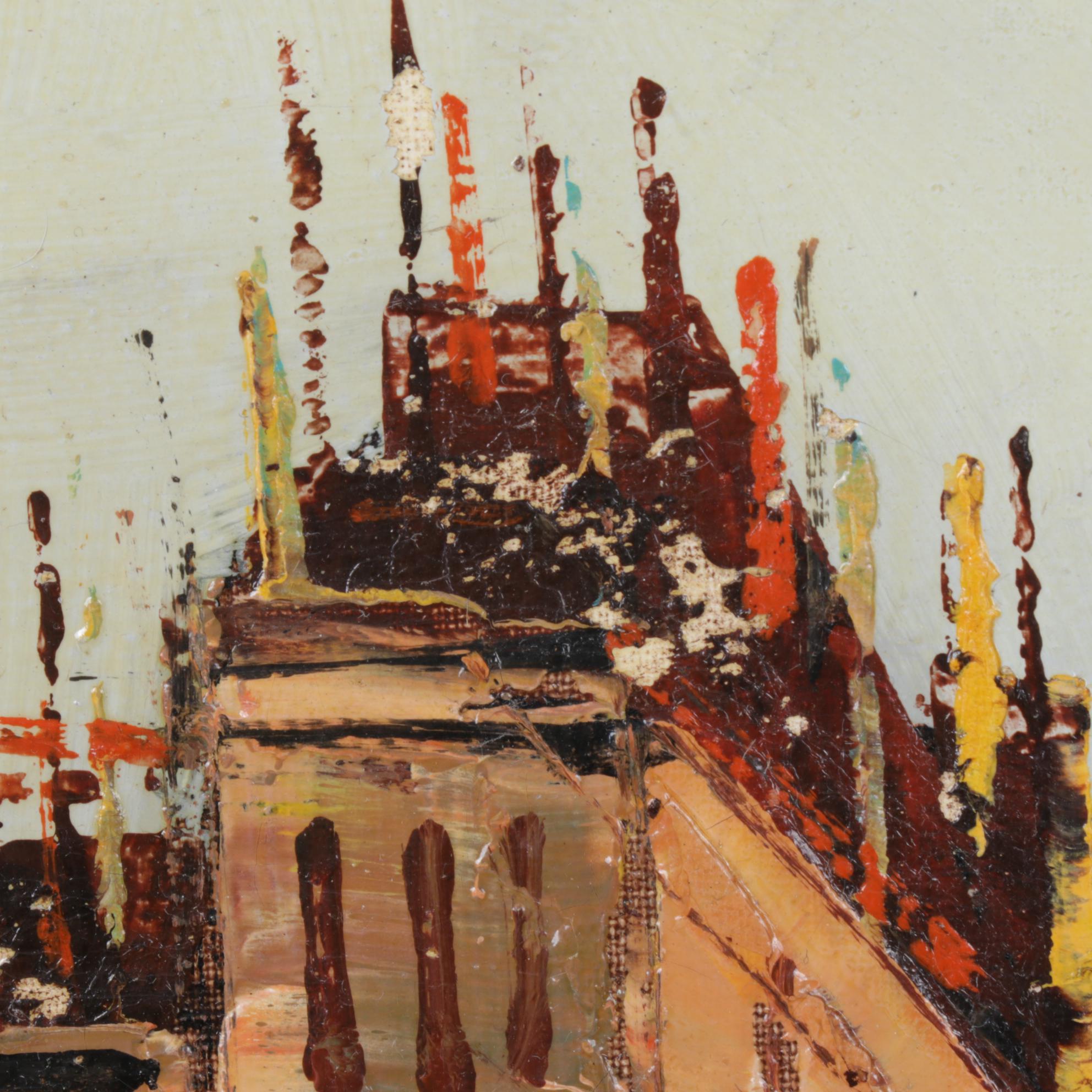 Impressionistic Oil Painting of Cityscape and Bridge Over Water