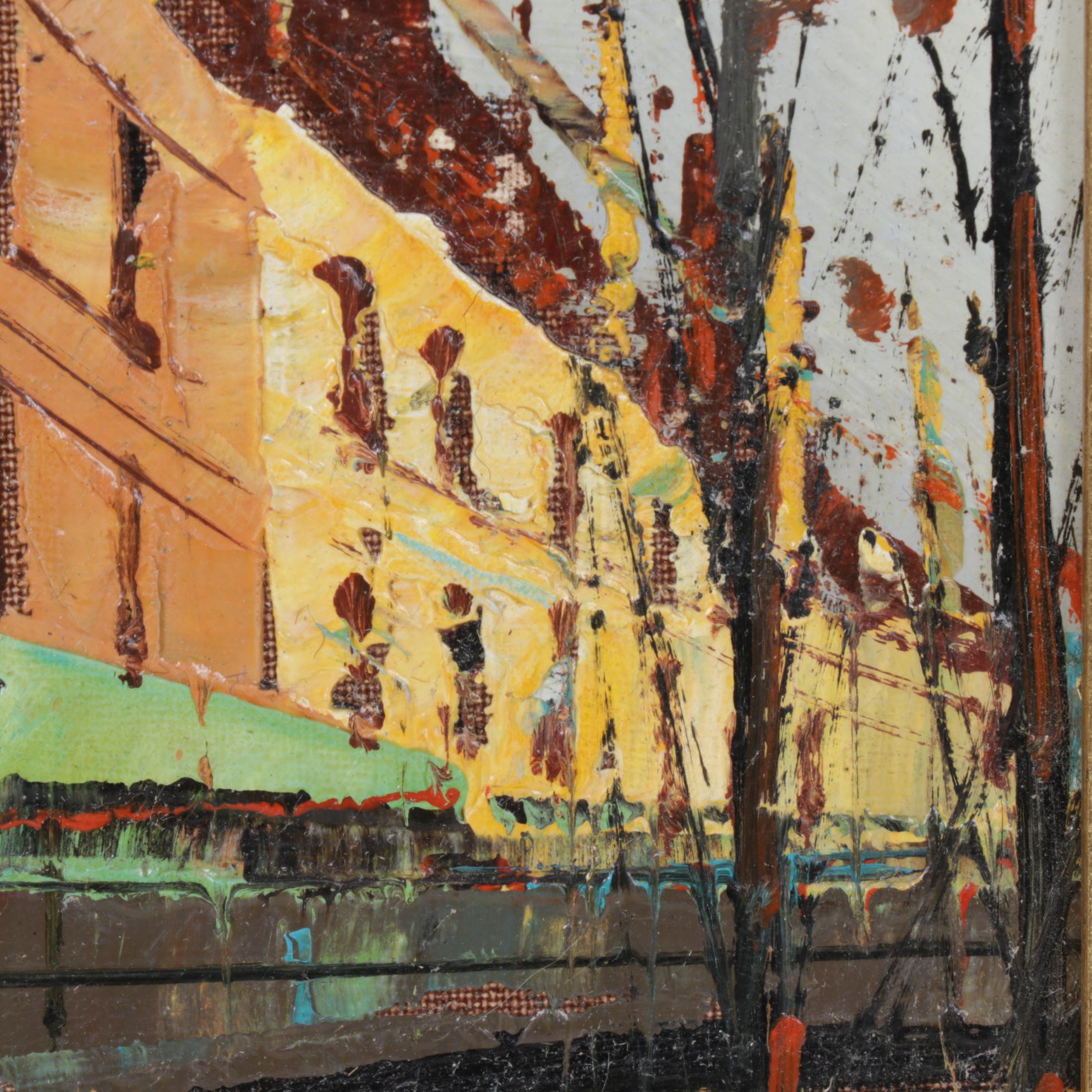 Impressionistic Oil Painting of Cityscape and Bridge Over Water