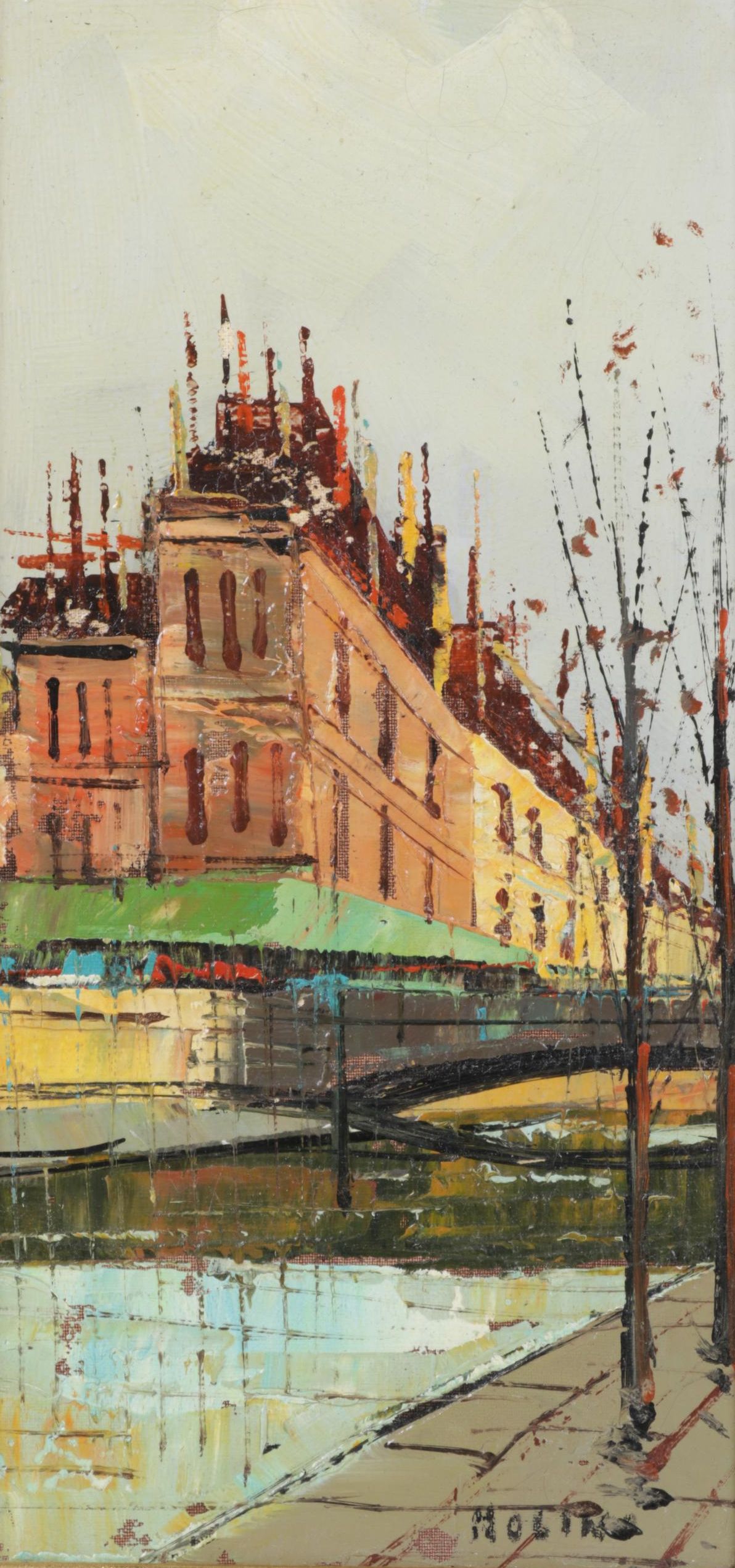 Impressionistic Oil Painting of Cityscape and Bridge Over Water