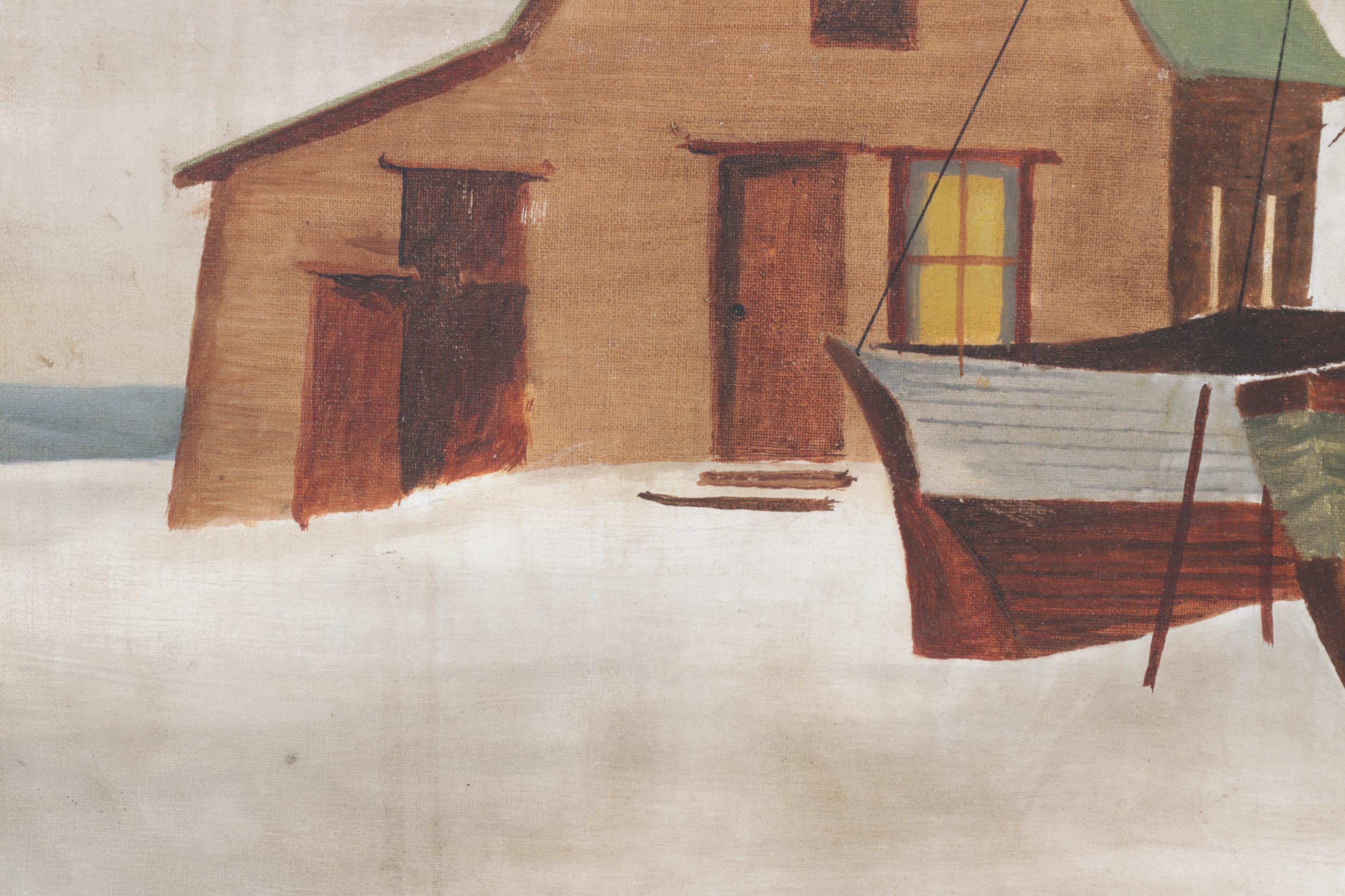 Jim McCormack Oil on Canvas Painting of Sailboats & Beach Cabin