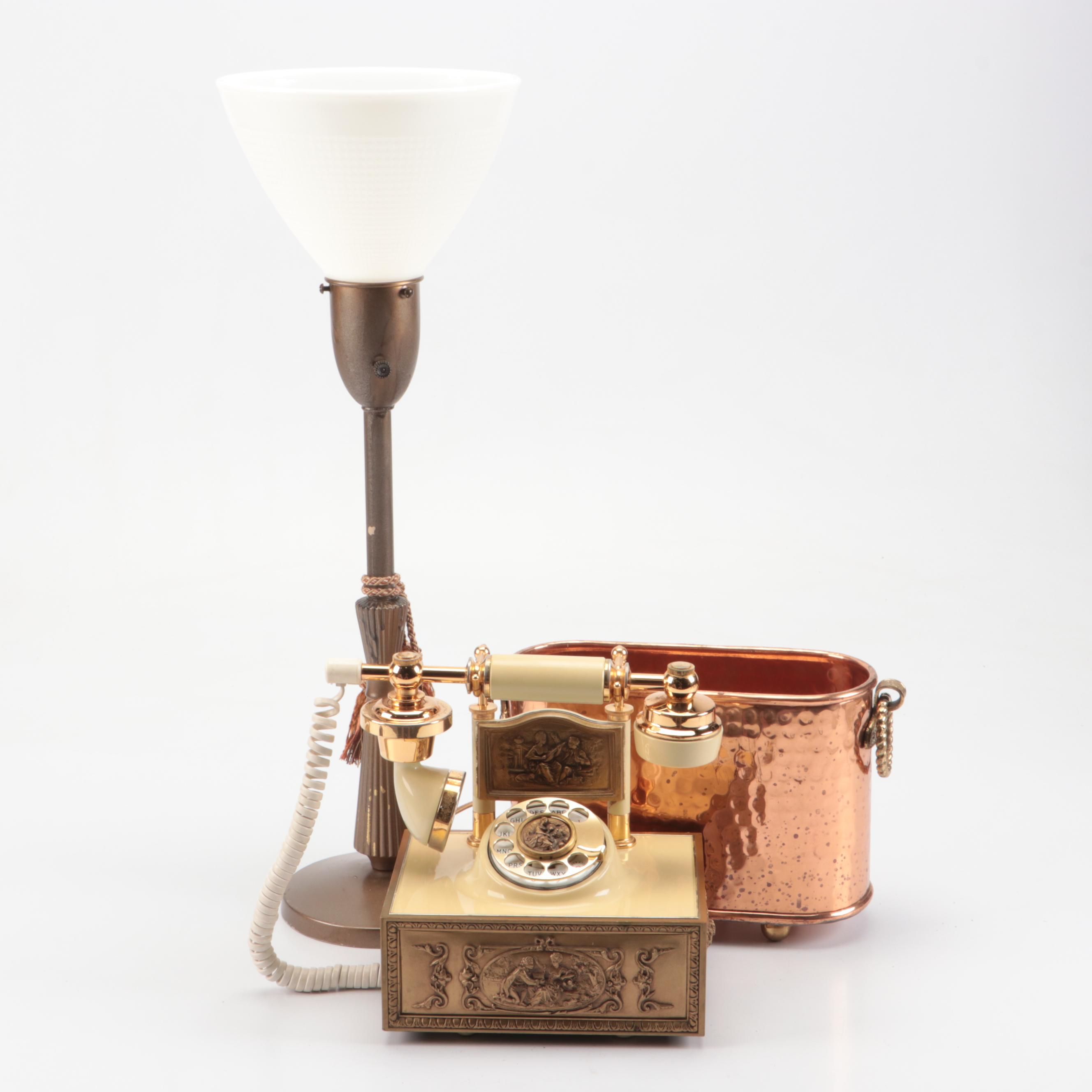 Vintage Western Electric Rotary Telephone, Glass Table Lamp, and Copper Planter