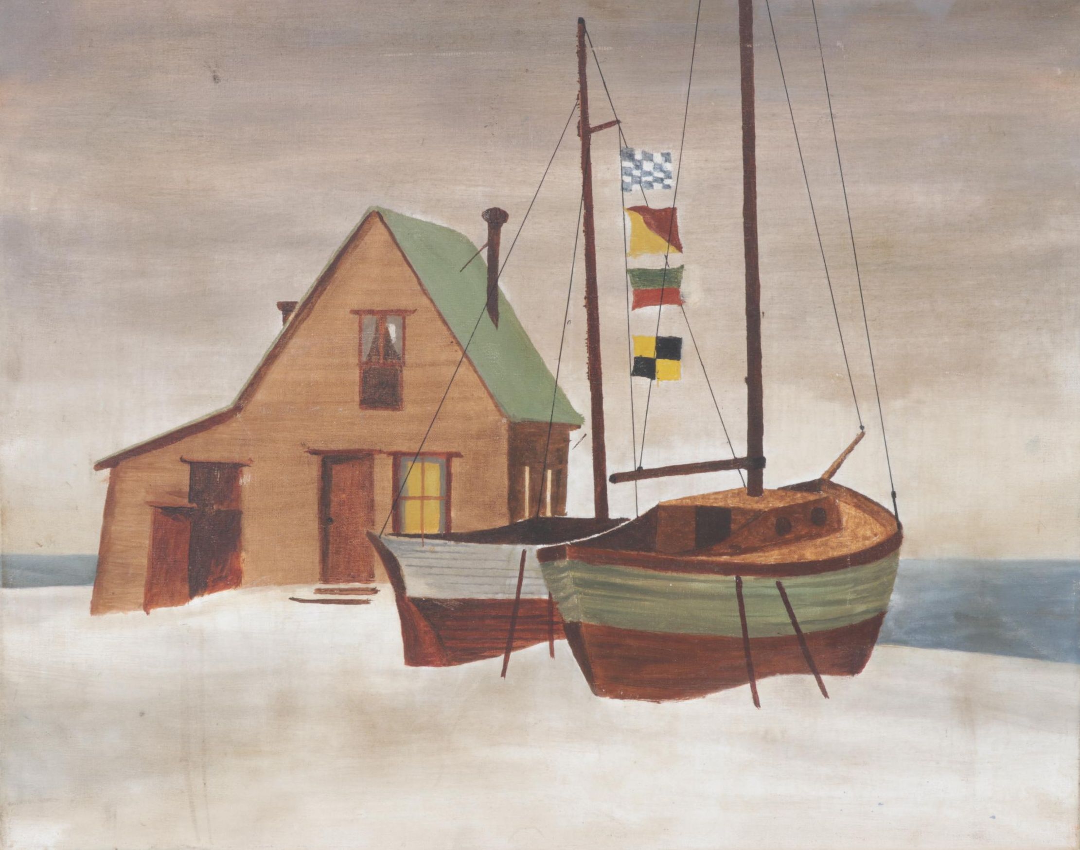 Jim McCormack Oil on Canvas Painting of Sailboats & Beach Cabin