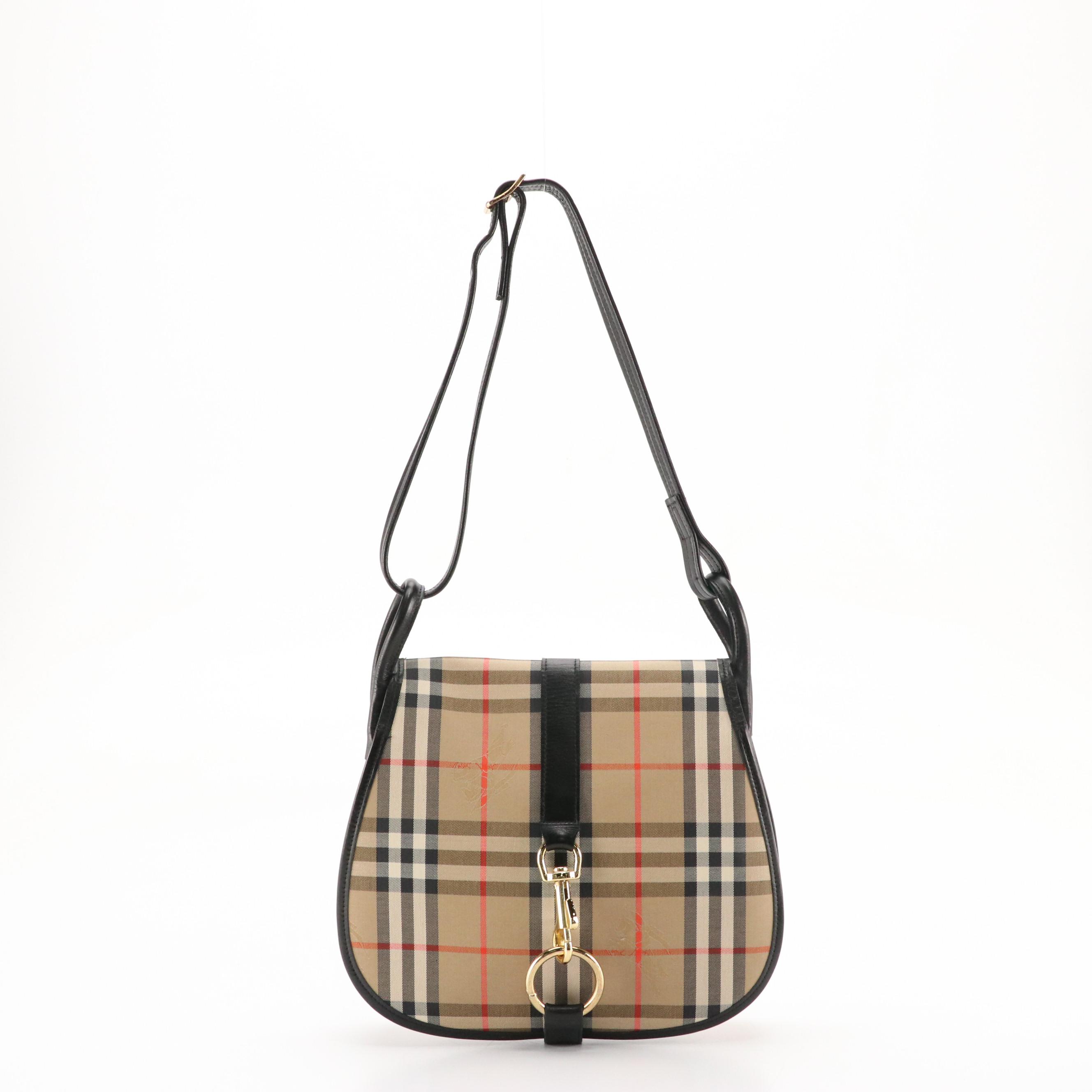 Burberrys' Hook-Front Saddle Flap Bag in Haymarket Check Canvas and Leather