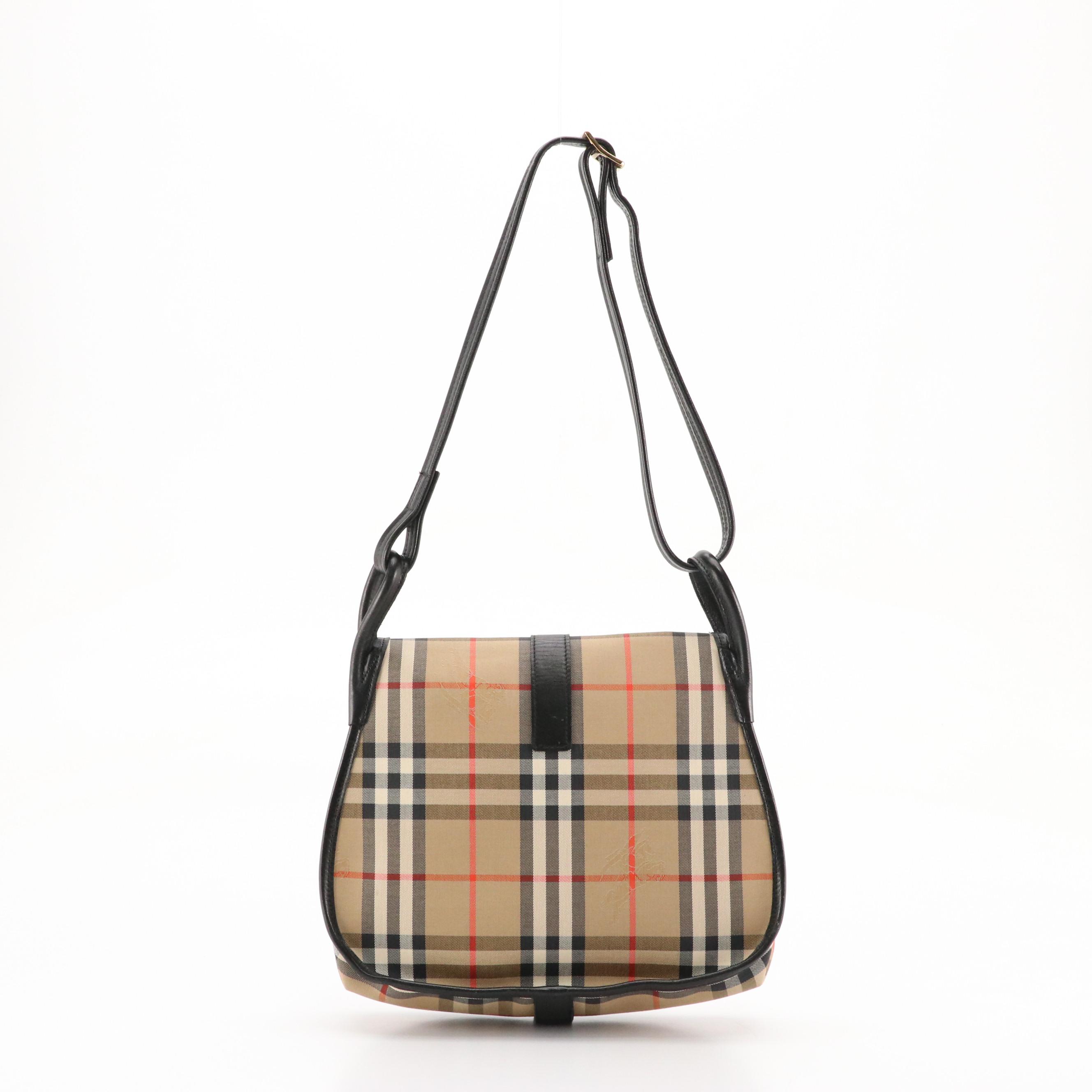 Burberrys' Hook-Front Saddle Flap Bag in Haymarket Check Canvas and Leather