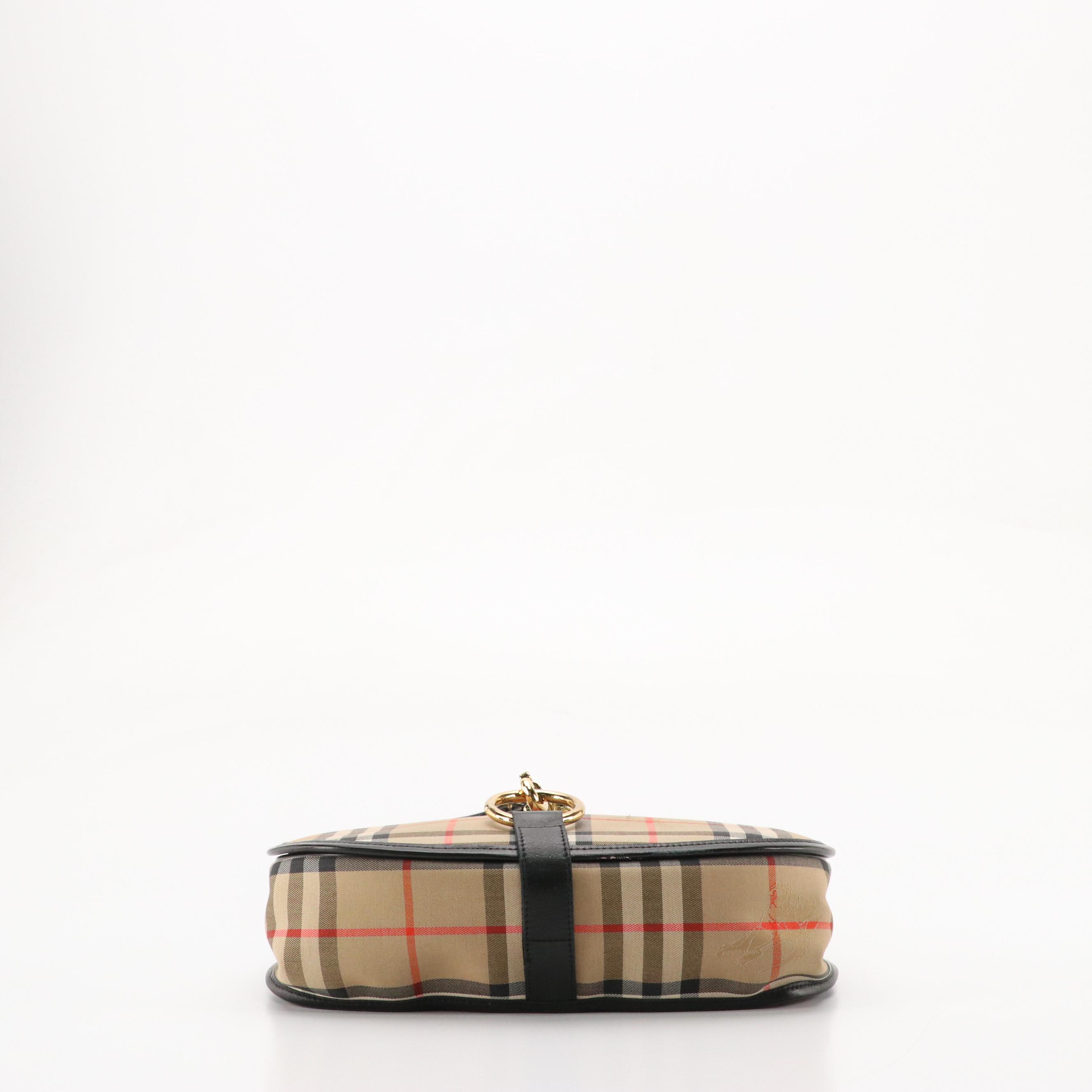 Burberrys' Hook-Front Saddle Flap Bag in Haymarket Check Canvas and Leather