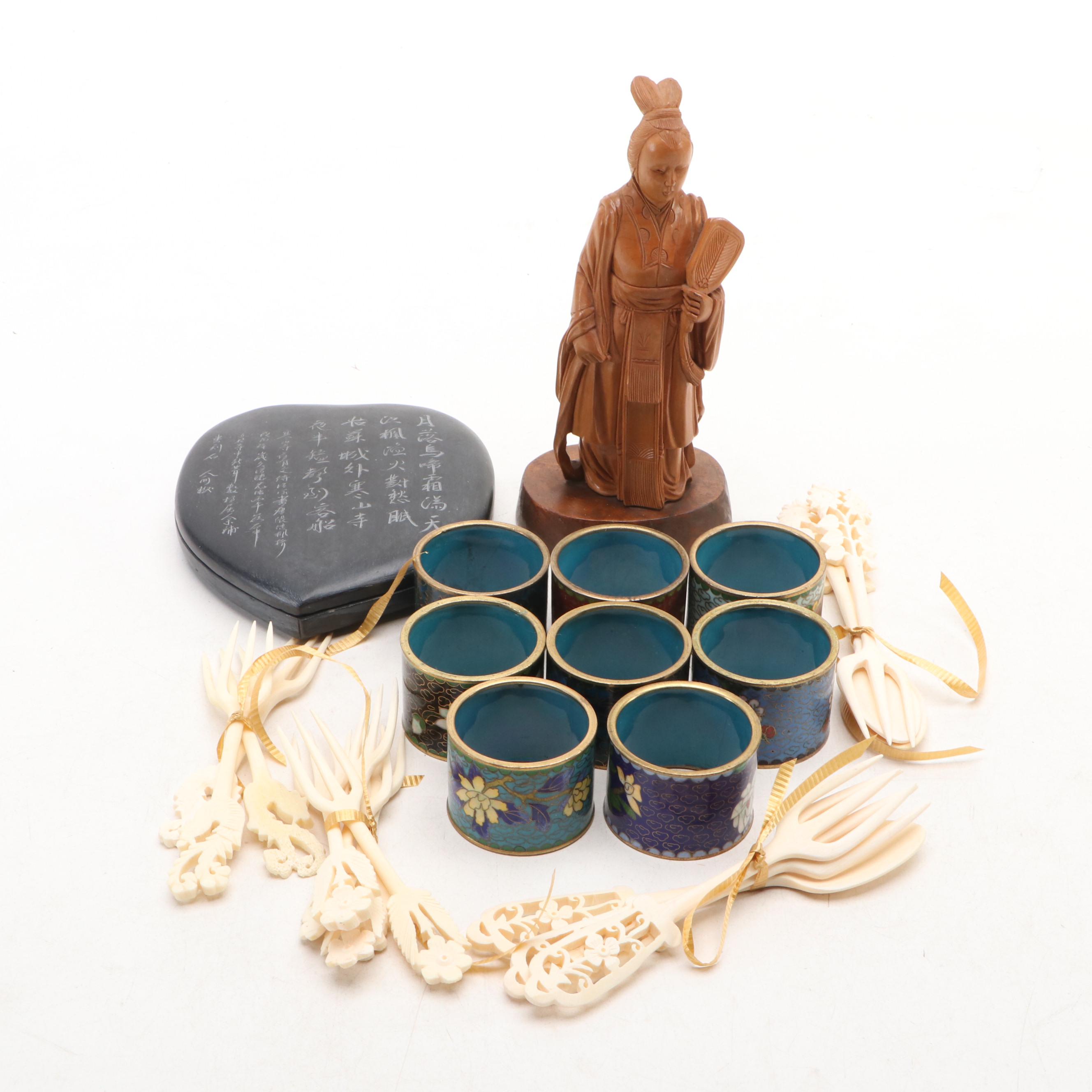 Chinese Inkstone with Cloisonné Napkin Rings and Other Decor