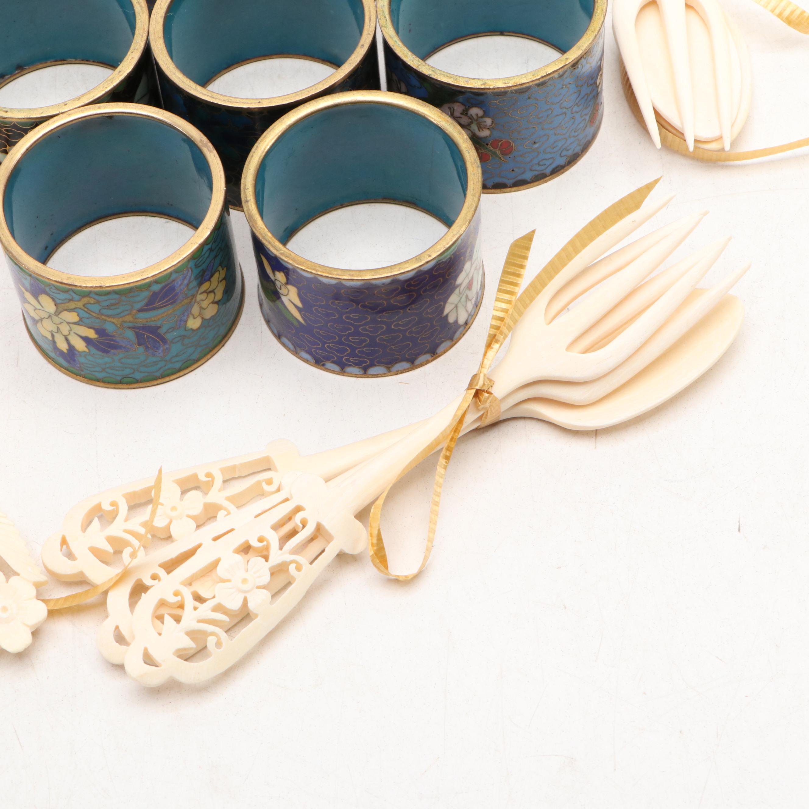 Chinese Inkstone with Cloisonné Napkin Rings and Other Decor