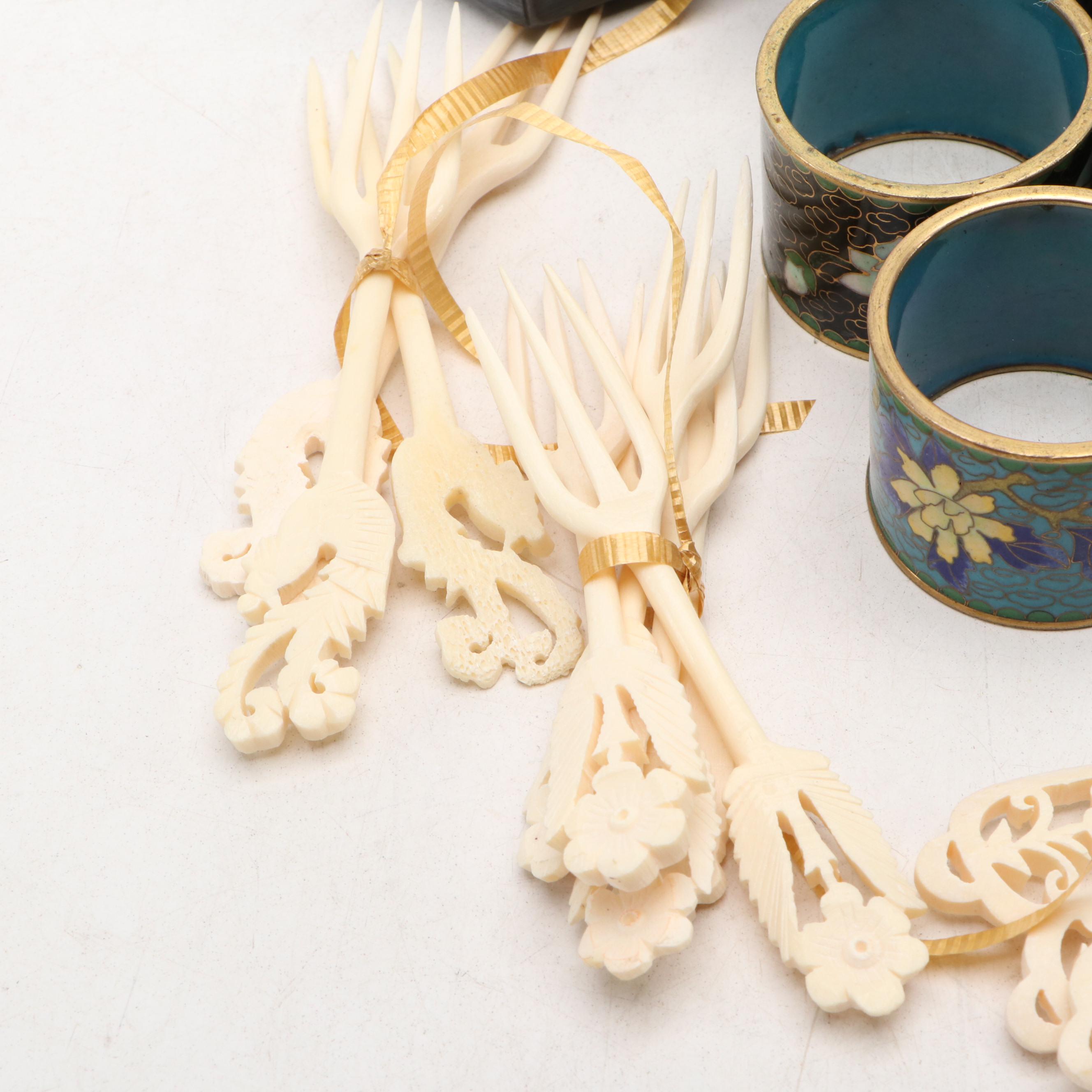 Chinese Inkstone with Cloisonné Napkin Rings and Other Decor