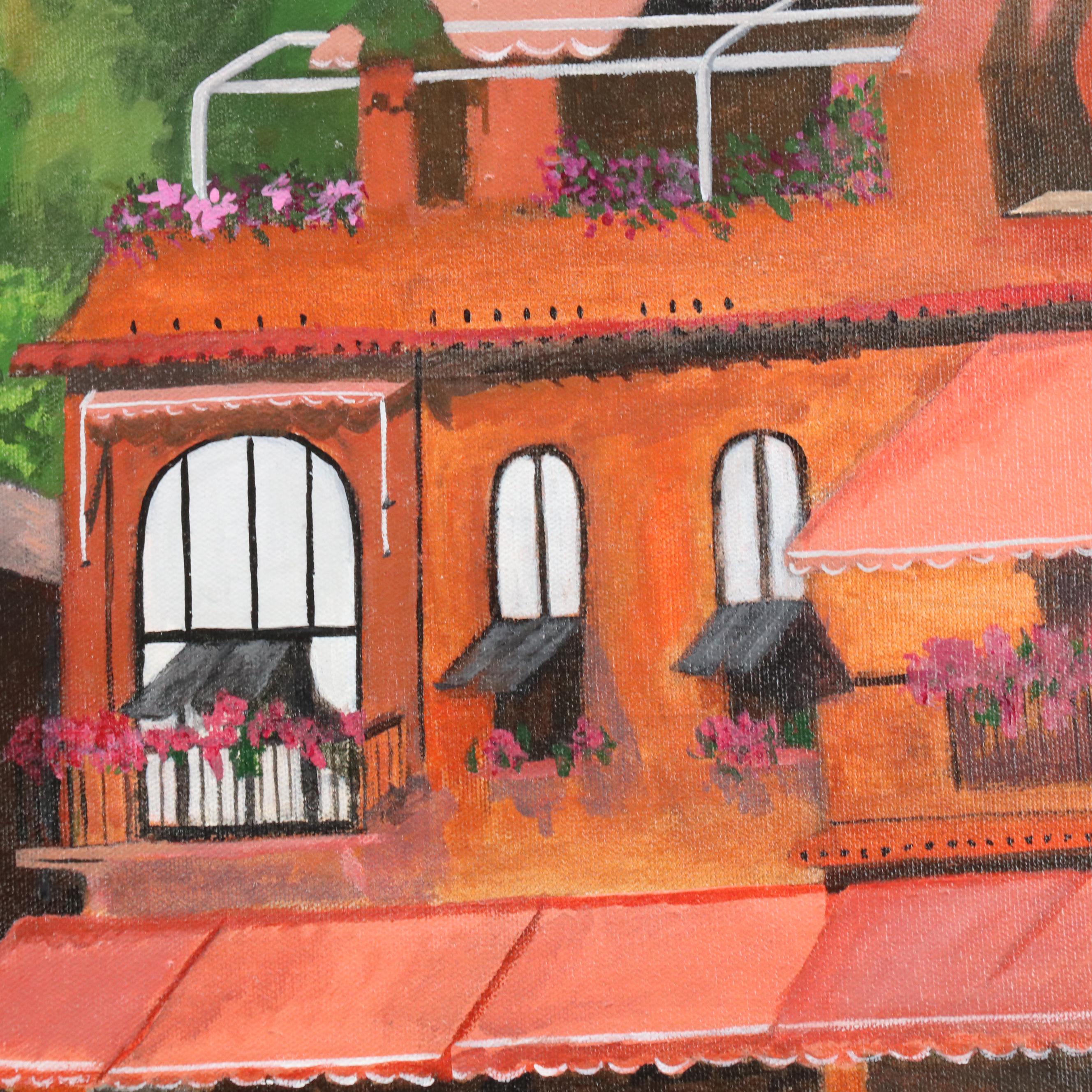 Village Landscape Oil Painting of European Villa, 1993